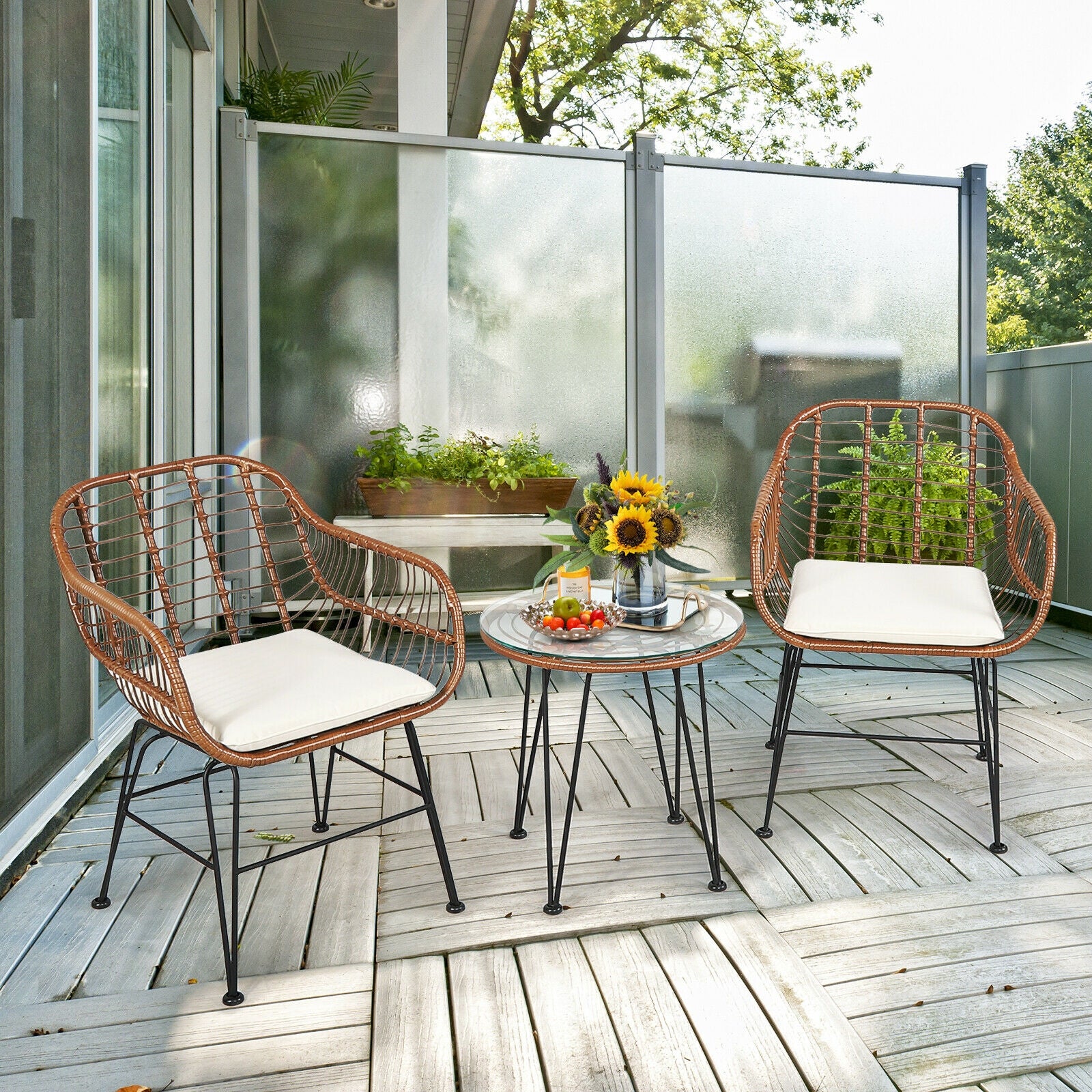3 Piece Patio Rattan Bistro Set With Cushion, White - Image 9
