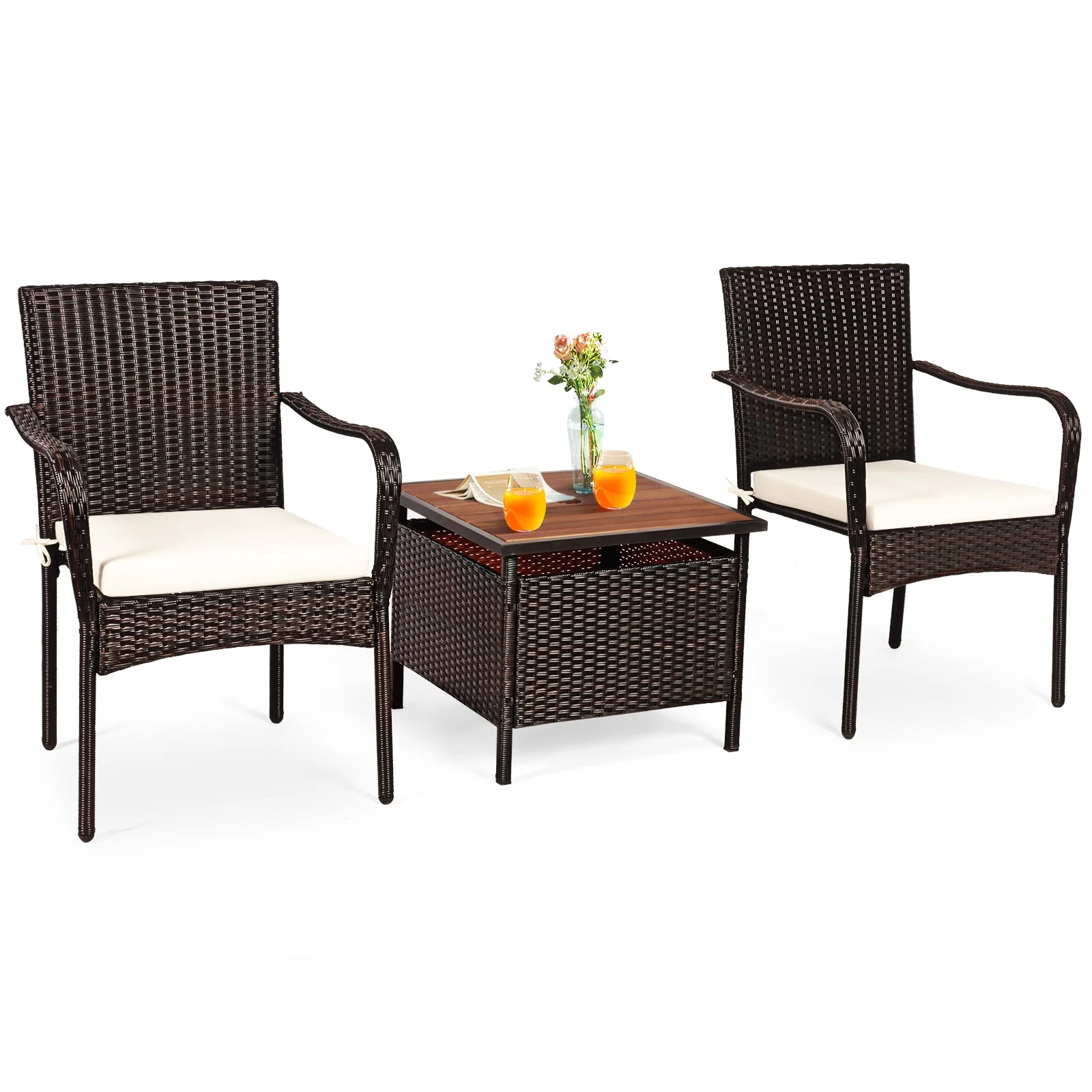 3 Piece Patio Rattan Bistro Set, Wood Side Table, Stackable Chair - Image 10