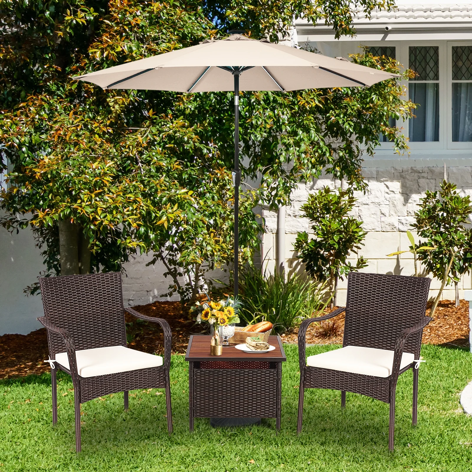 3 Piece Patio Rattan Bistro Set, Wood Side Table, Stackable Chair - Image 2