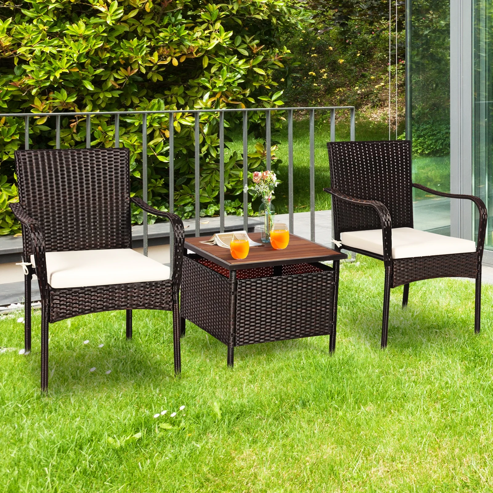 3 Piece Patio Rattan Bistro Set, Wood Side Table, Stackable Chair - Image 3