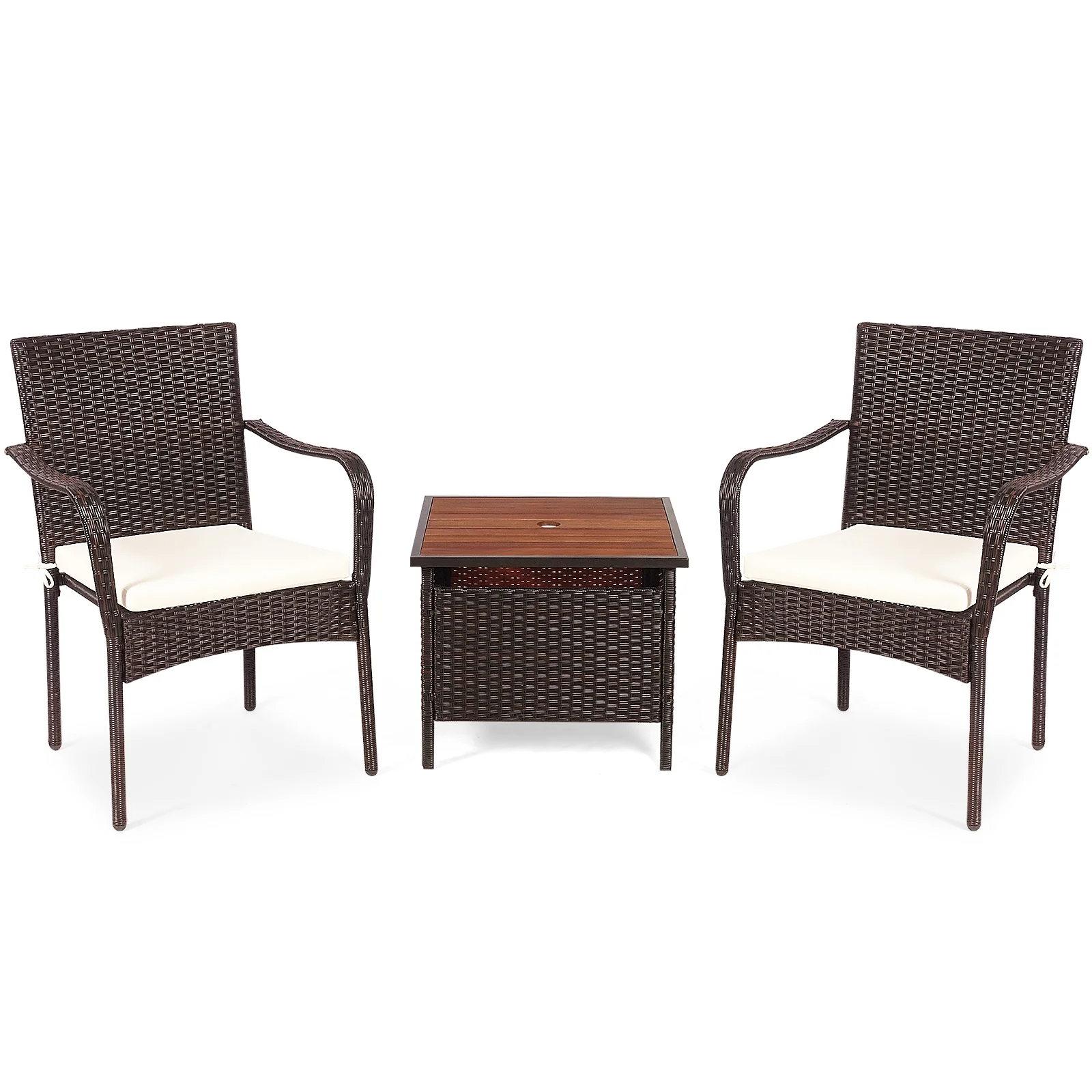 3 Piece Patio Rattan Bistro Set, Wood Side Table, Stackable Chair - Image 4