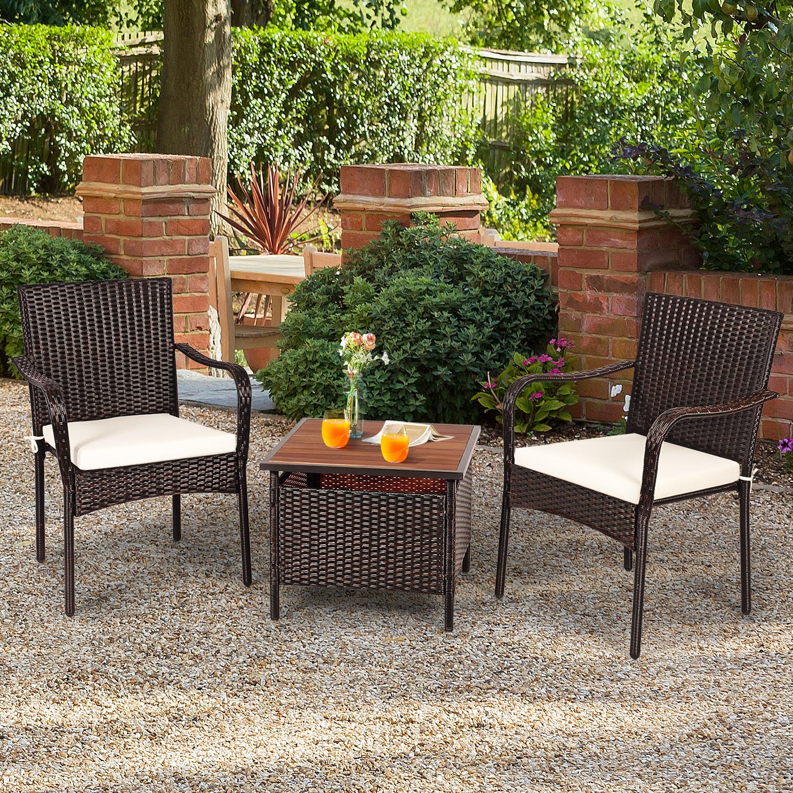 3 Piece Patio Rattan Bistro Set, Wood Side Table, Stackable Chair - Image 7