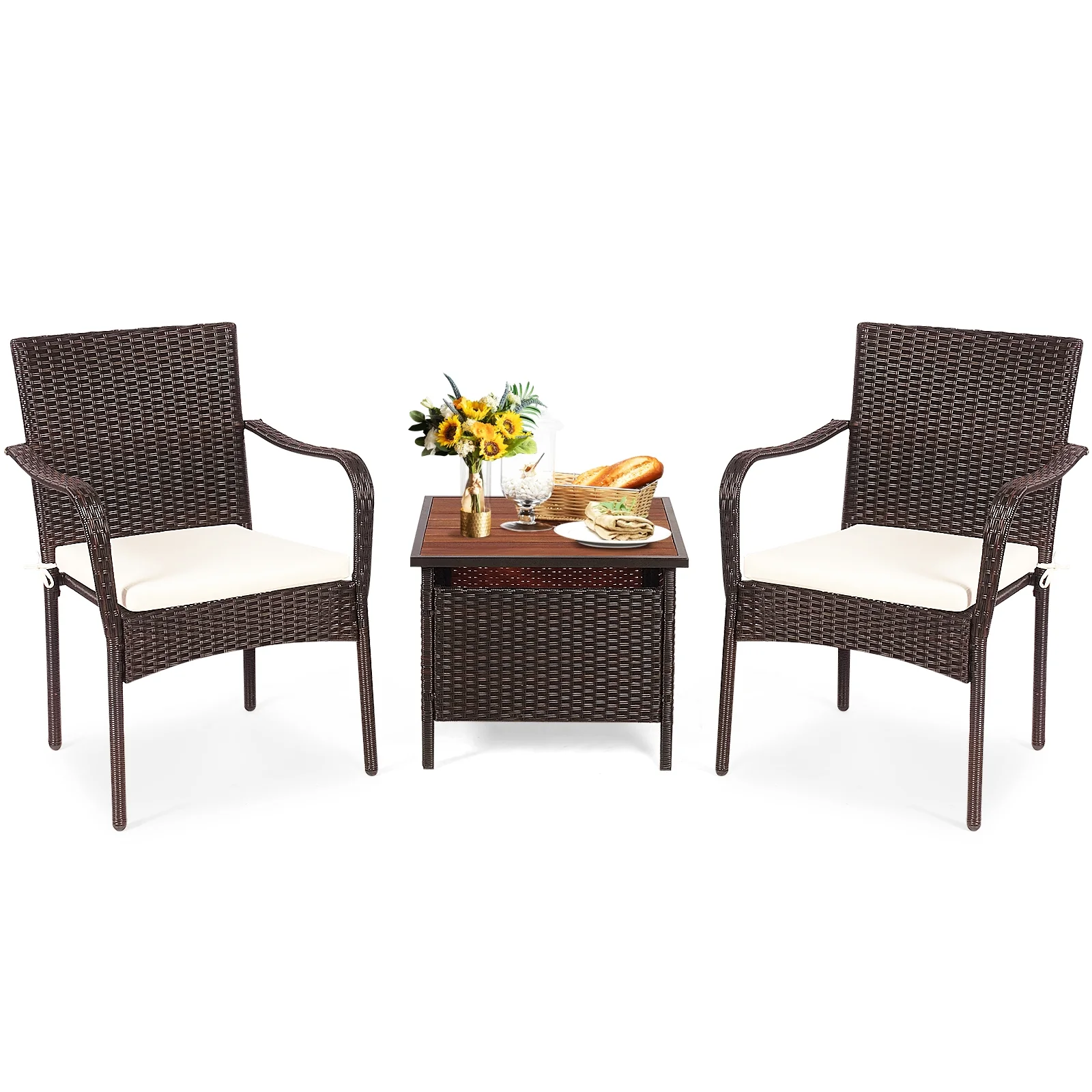 3 Piece Patio Rattan Bistro Set, Wood Side Table, Stackable Chair - Image 9