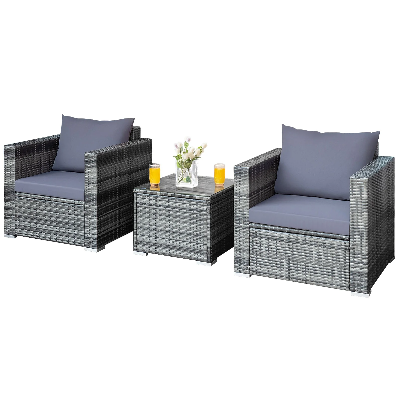 3 Piece Patio Rattan Bistro Sofa Set, Cushioned, Gray - Image 9