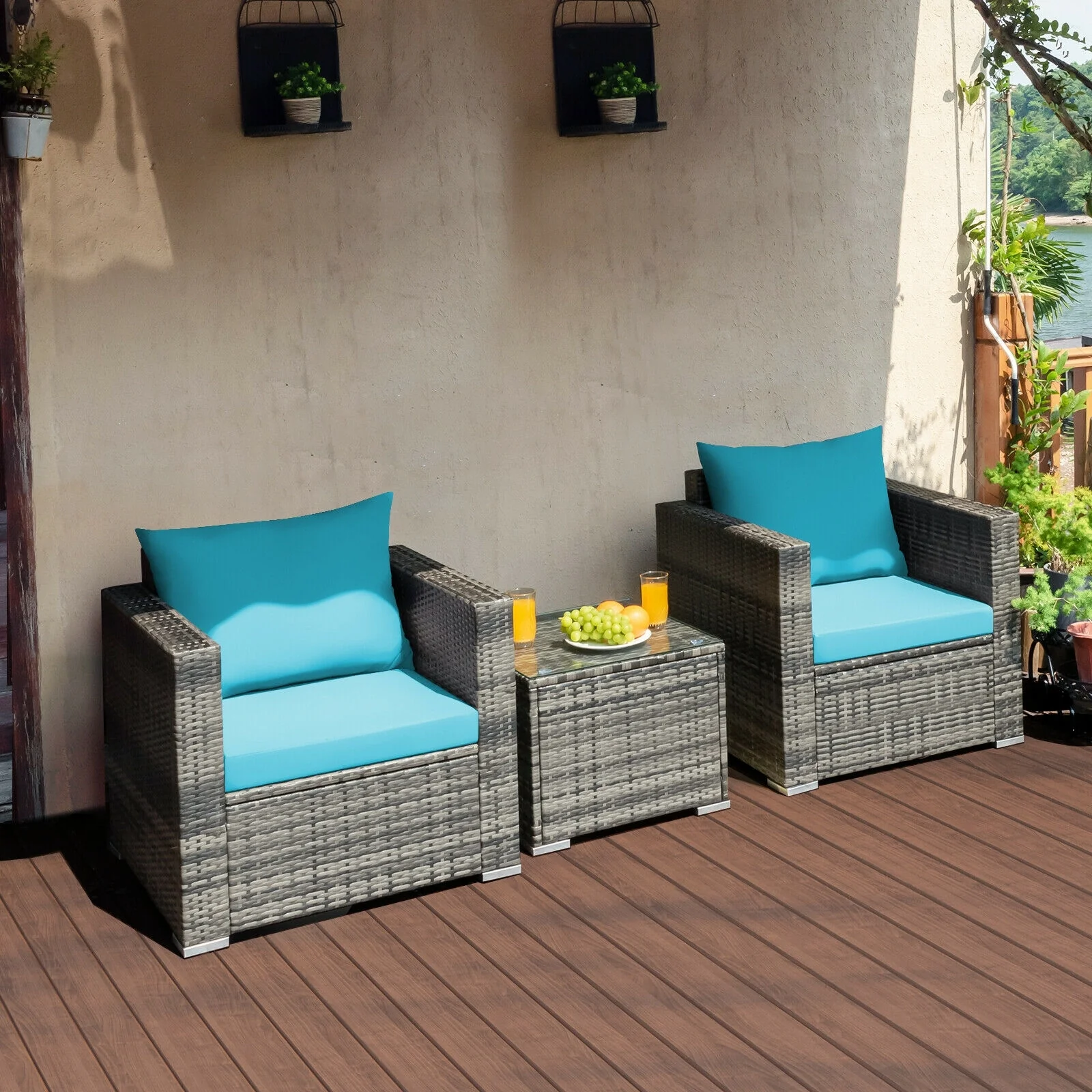 3-Piece Patio Rattan Bistro Sofa Set, Turquoise