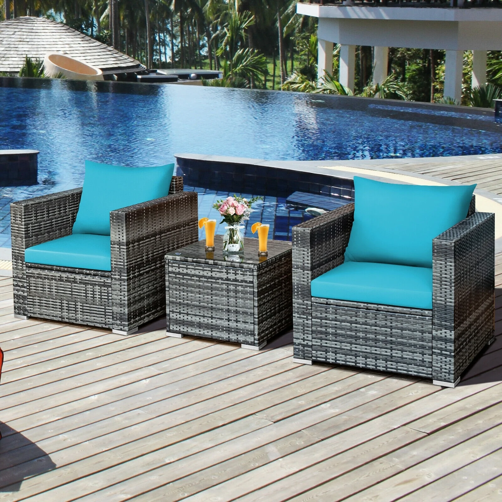 3-Piece Patio Rattan Bistro Sofa Set, Turquoise - Image 2
