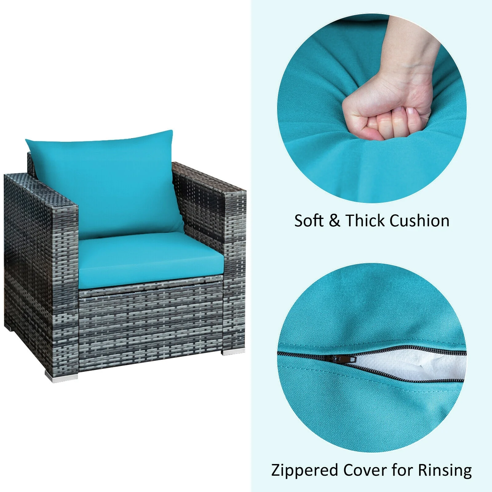 3-Piece Patio Rattan Bistro Sofa Set, Turquoise - Image 6