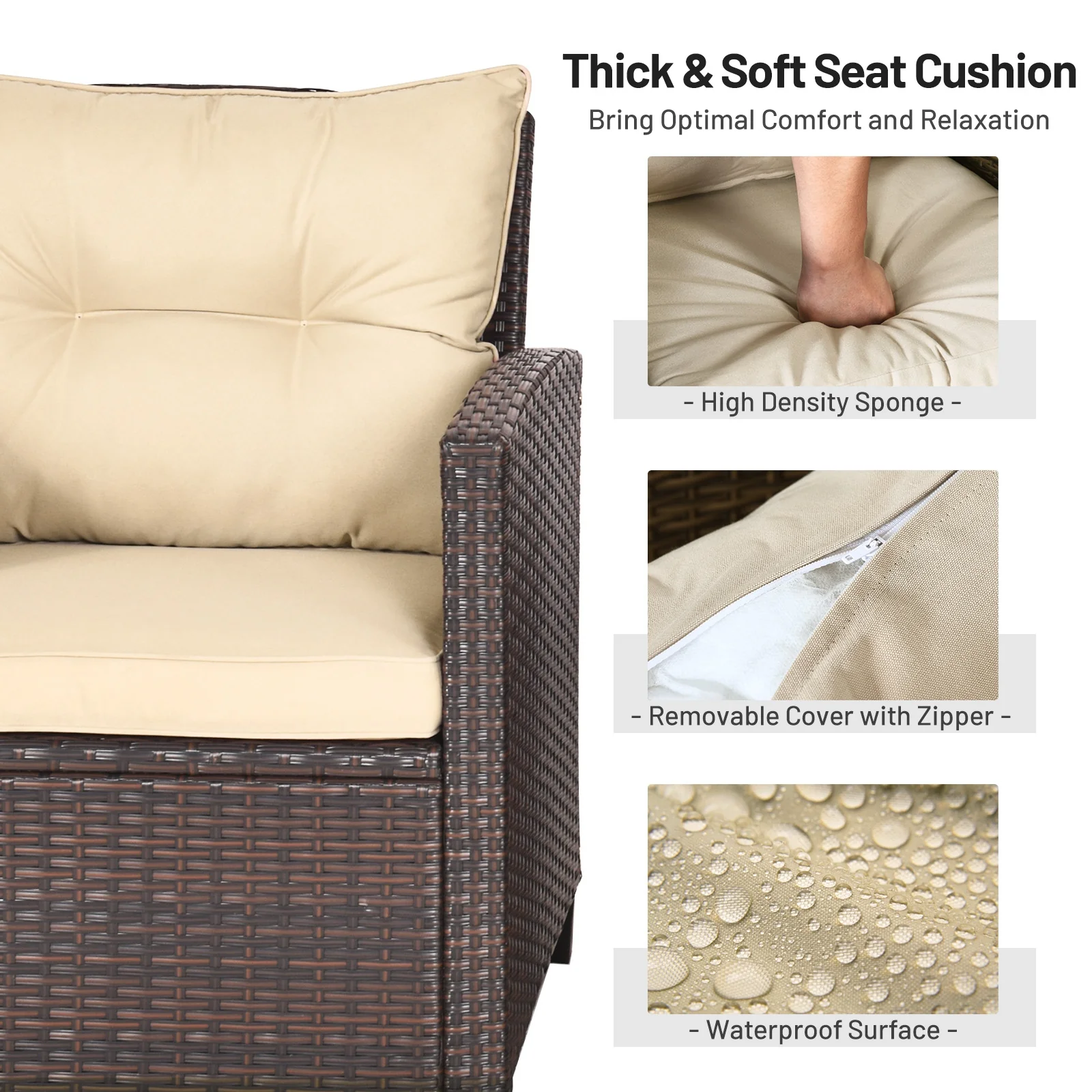 3 Piece Patio Rattan Furniture Set, 4 Removable Cushions, Beige - Image 10