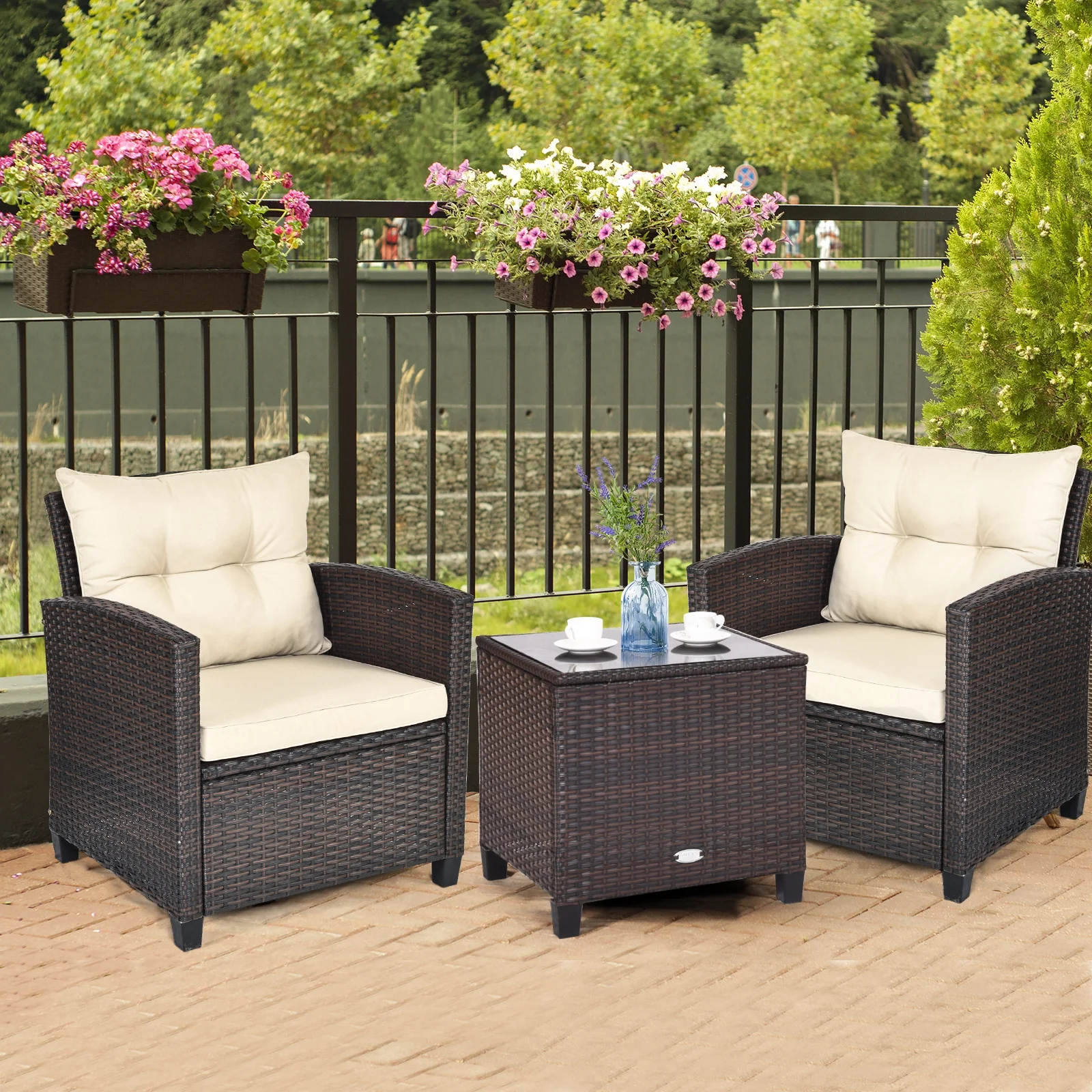 3 Piece Patio Rattan Furniture Set, 4 Removable Cushions, Beige - Image 3