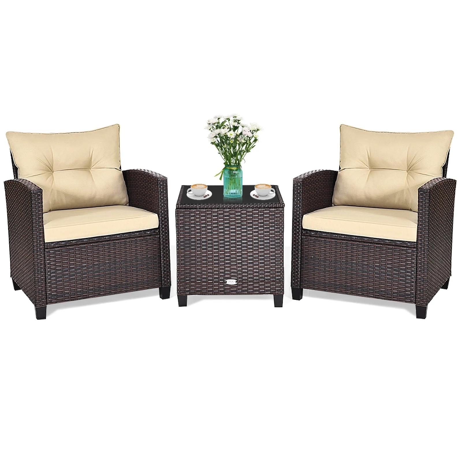 3 Piece Patio Rattan Furniture Set, 4 Removable Cushions, Beige - Image 4