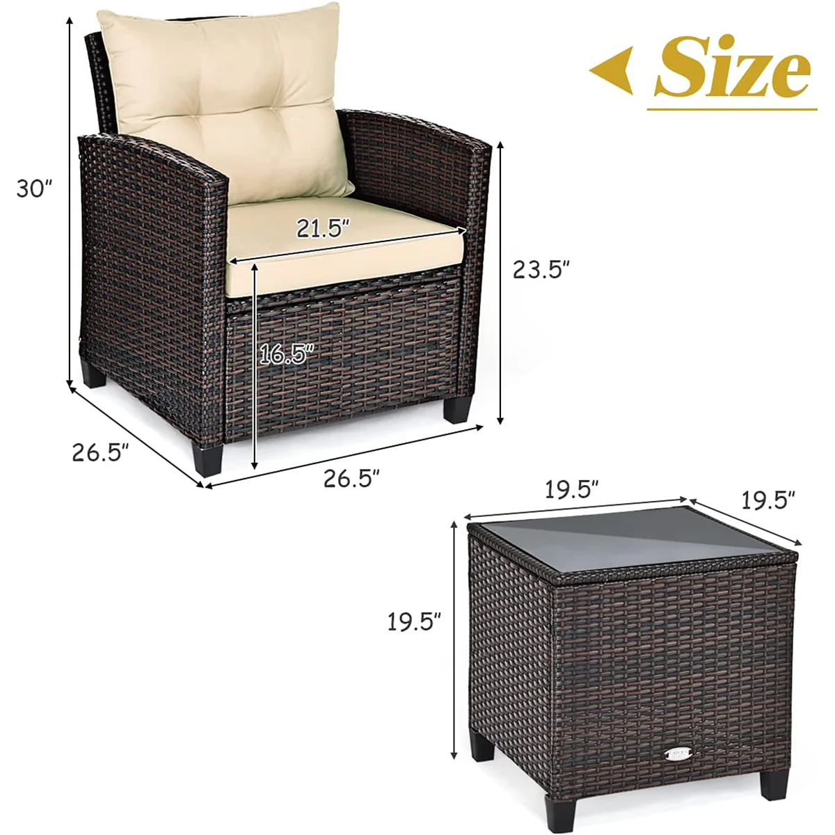 3 Piece Patio Rattan Furniture Set, 4 Removable Cushions, Beige - Image 5