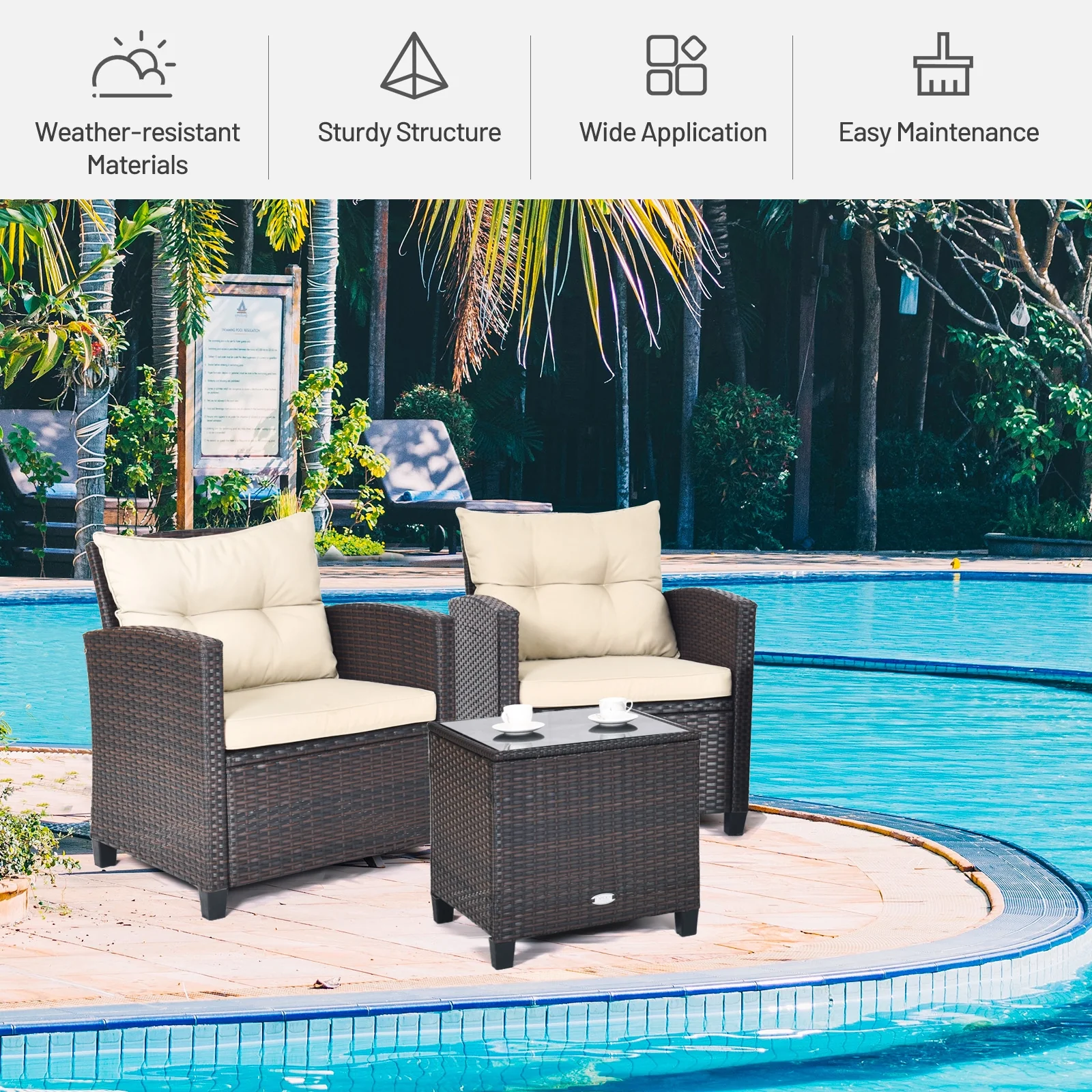 3 Piece Patio Rattan Furniture Set, 4 Removable Cushions, Beige - Image 6