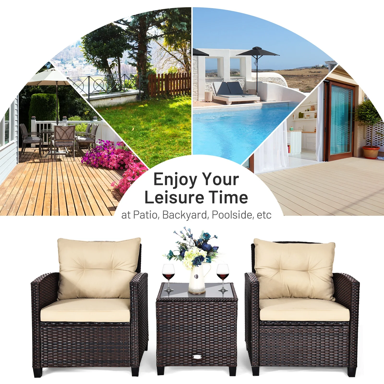 3 Piece Patio Rattan Furniture Set, 4 Removable Cushions, Beige - Image 7