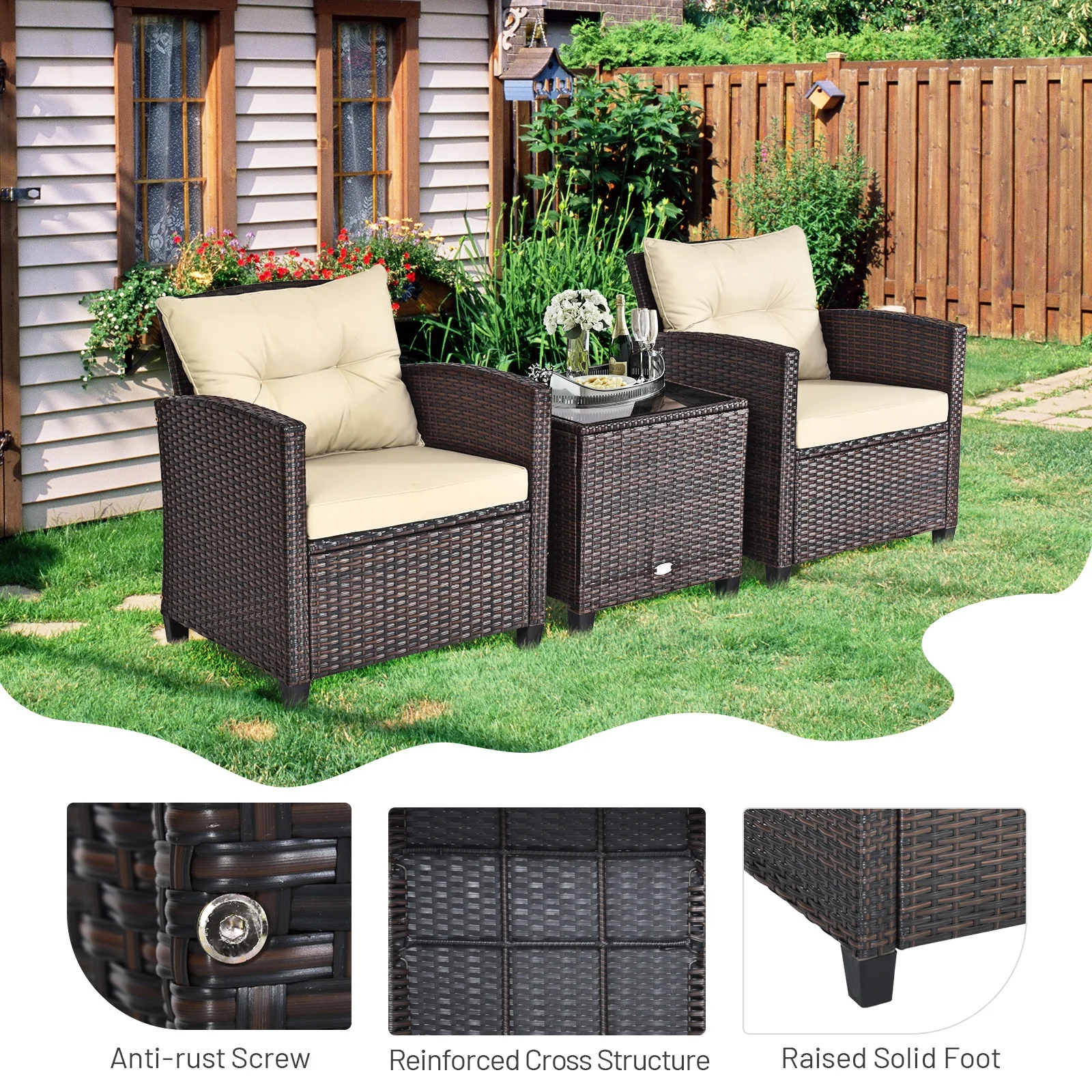 3 Piece Patio Rattan Furniture Set, 4 Removable Cushions, Beige - Image 8