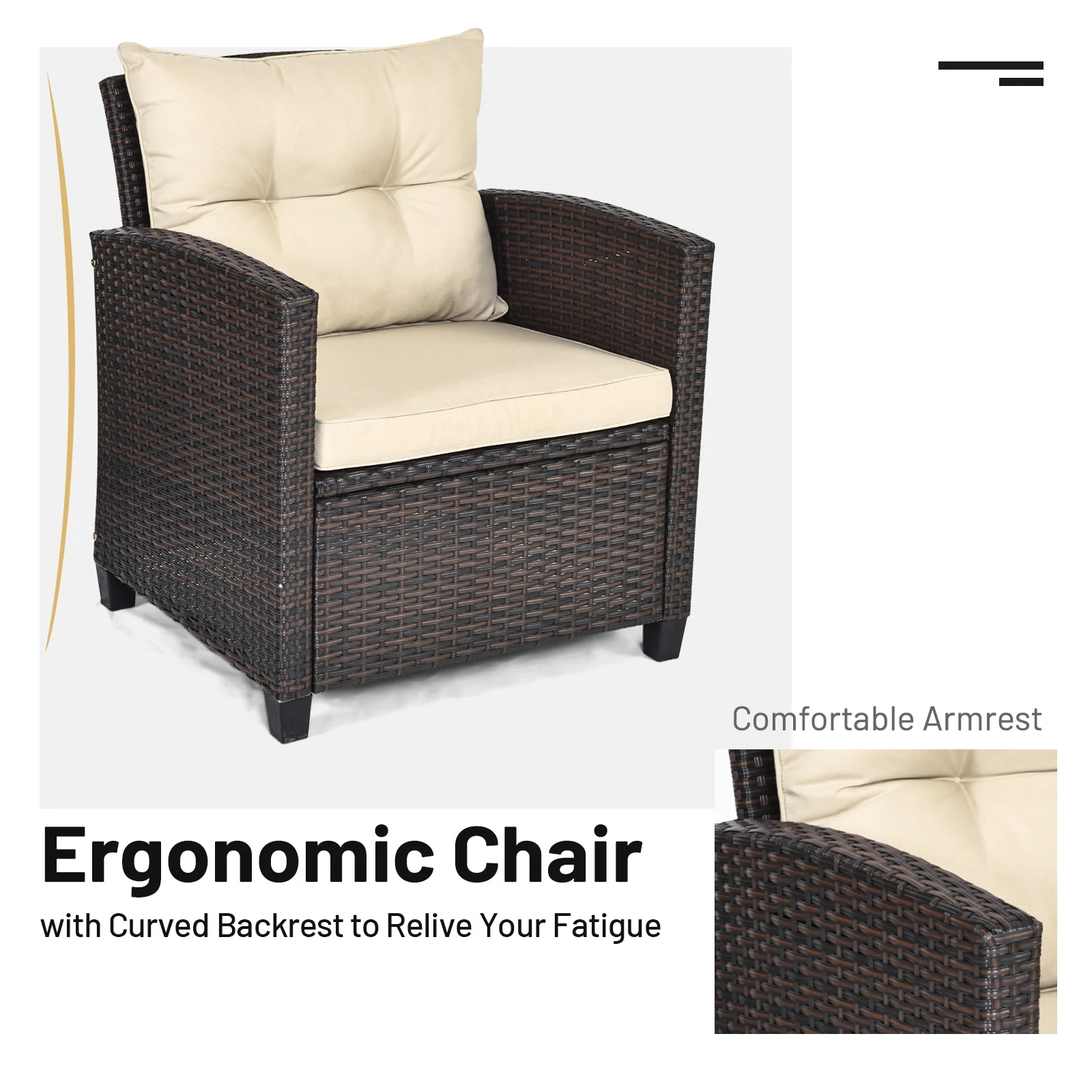 3 Piece Patio Rattan Furniture Set, 4 Removable Cushions, Beige - Image 9