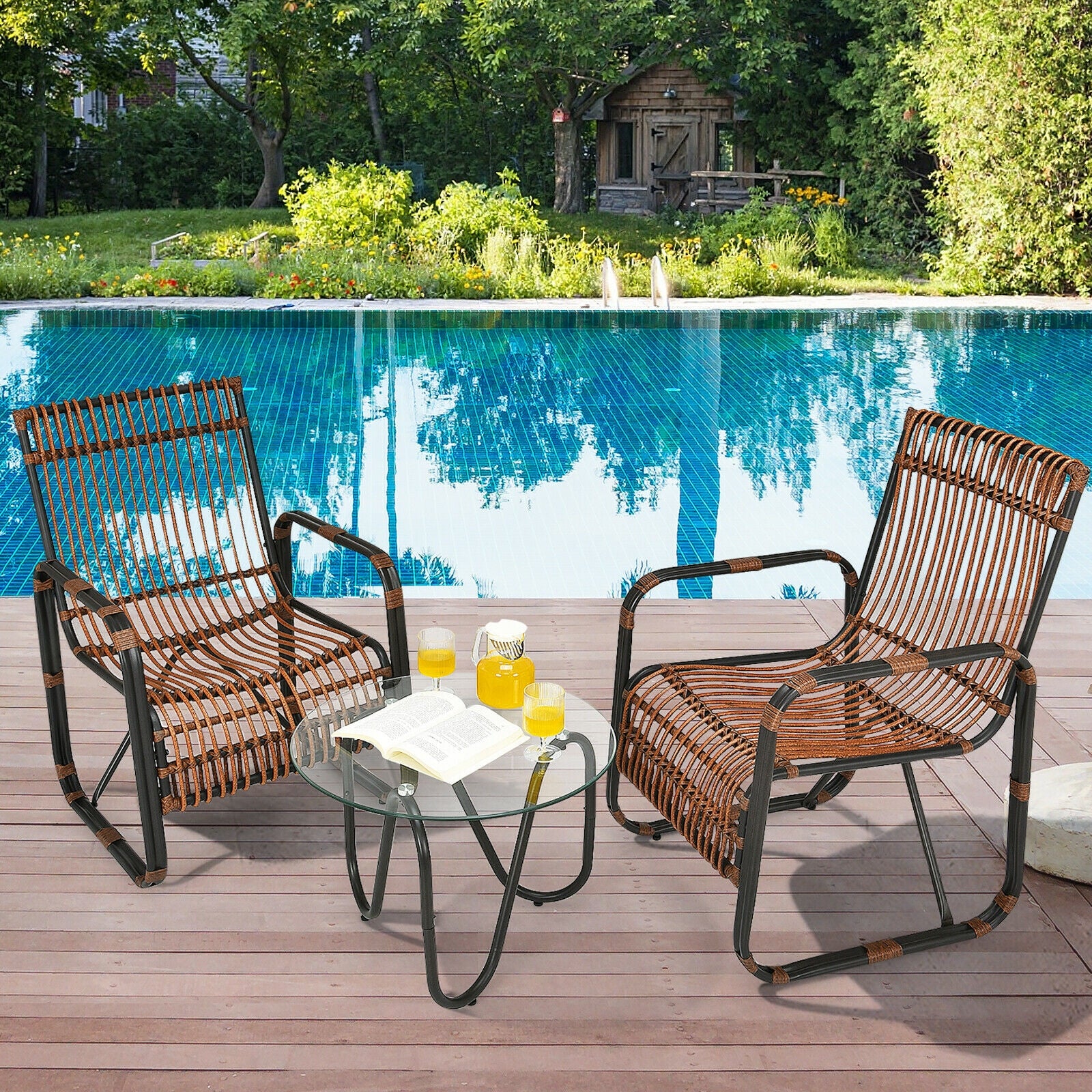 3 Piece Patio Rattan Furniture Set, Brown - Image 2