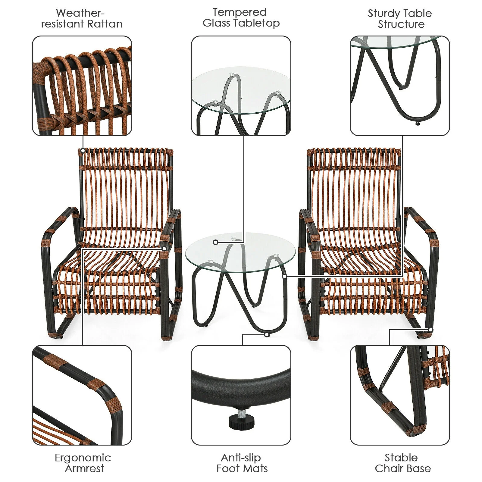 3 Piece Patio Rattan Furniture Set, Brown - Image 8