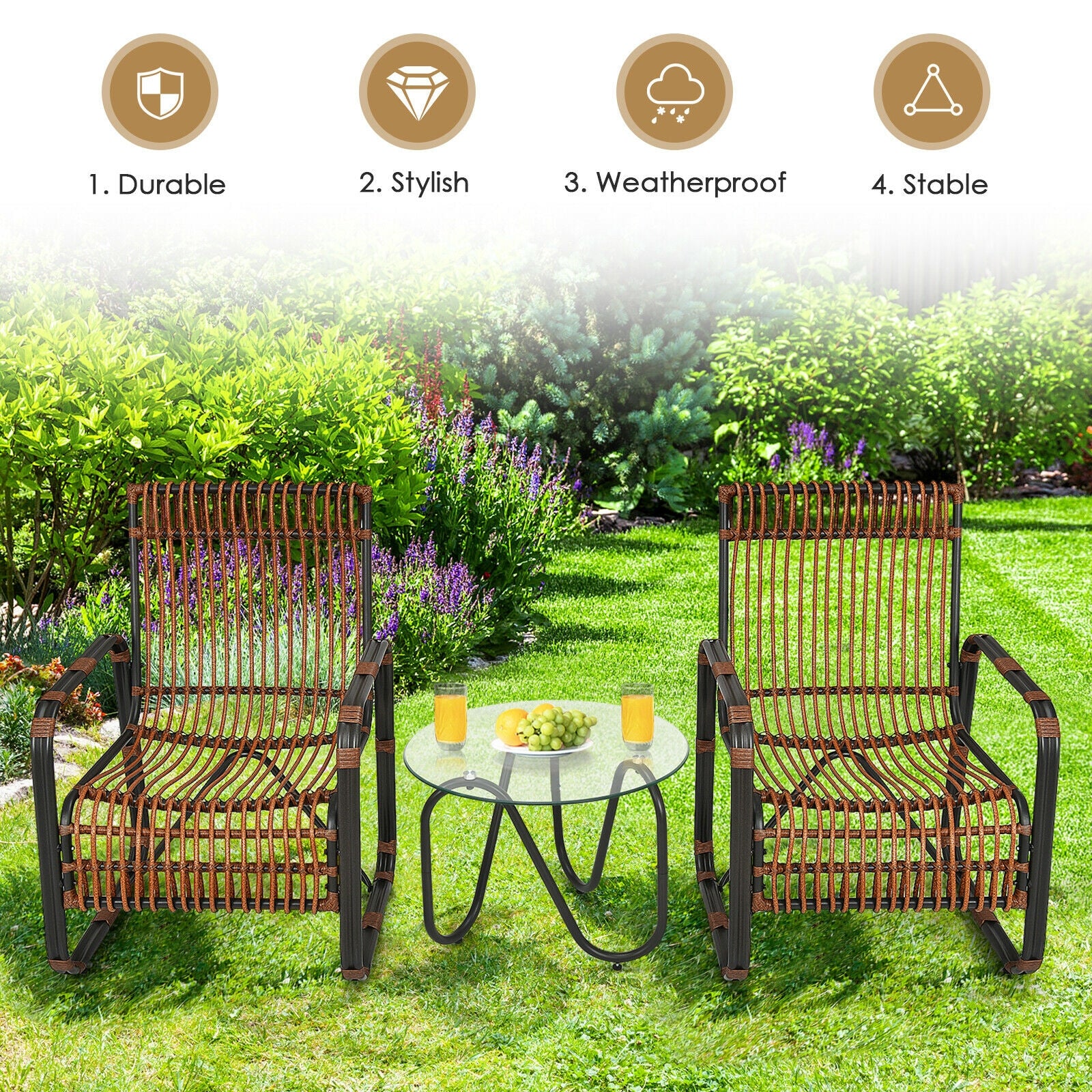 3 Piece Patio Rattan Furniture Set, Brown - Image 9