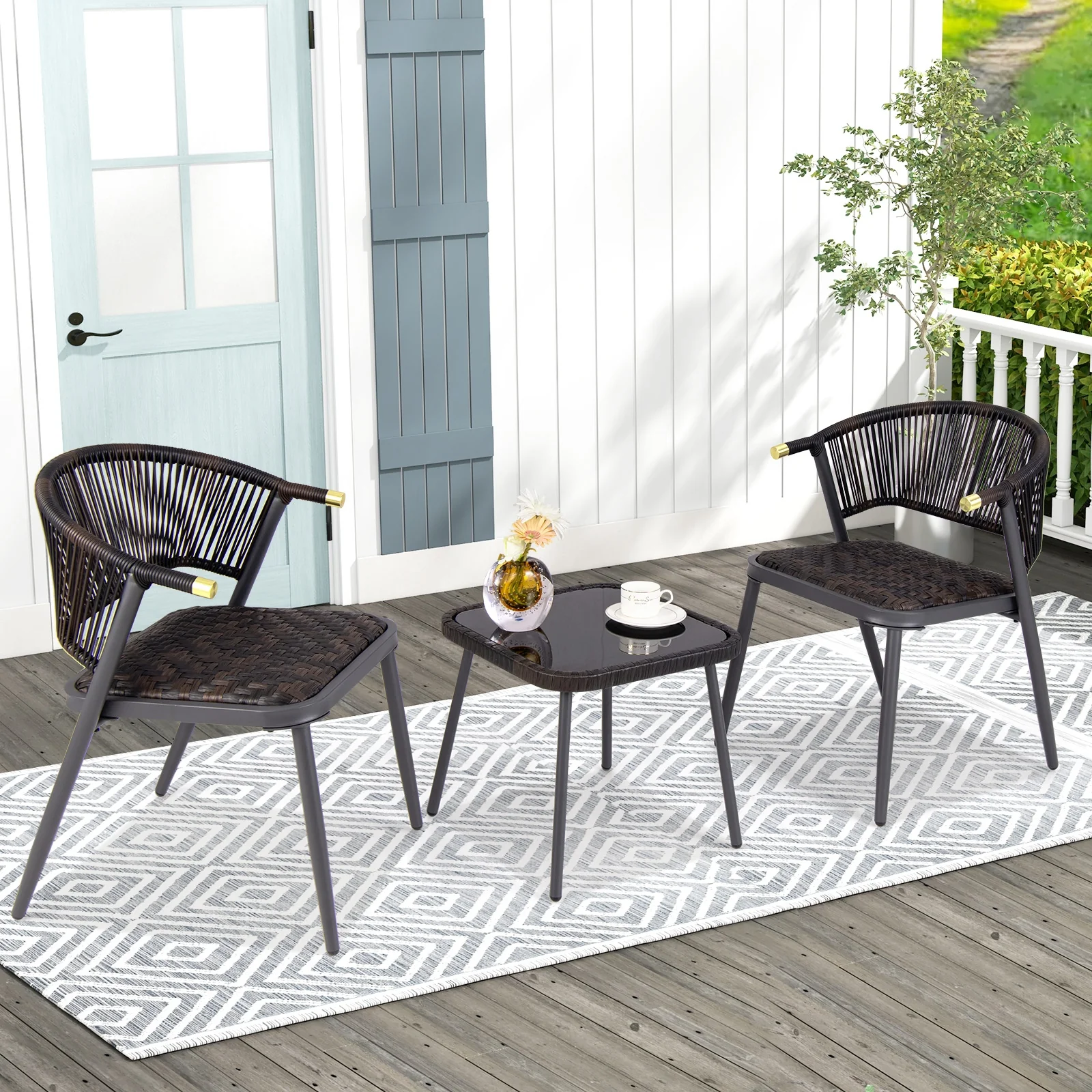 3 Piece Patio Rattan Furniture Set, Brown and Black - Image 2
