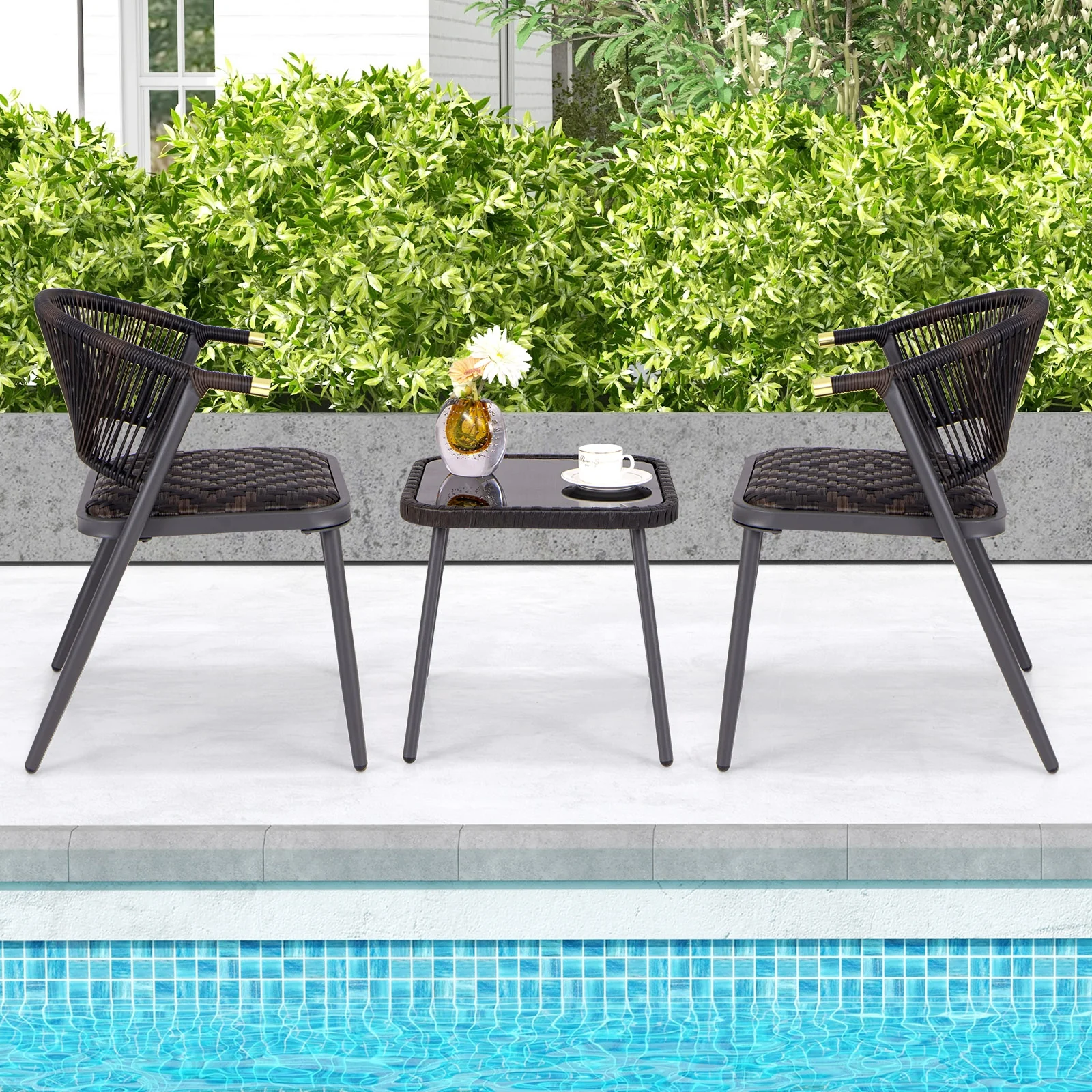 3 Piece Patio Rattan Furniture Set, Brown and Black - Image 3