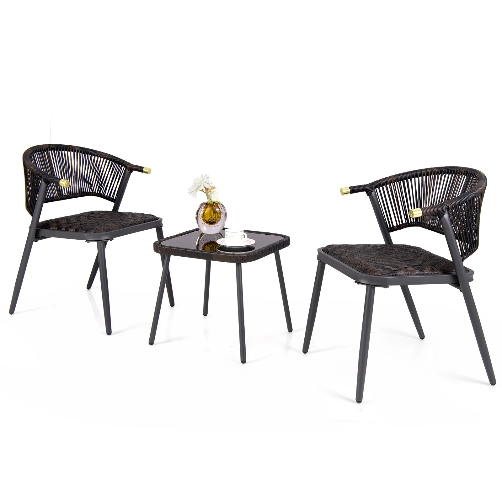 3 Piece Patio Rattan Furniture Set, Brown and Black - Image 4