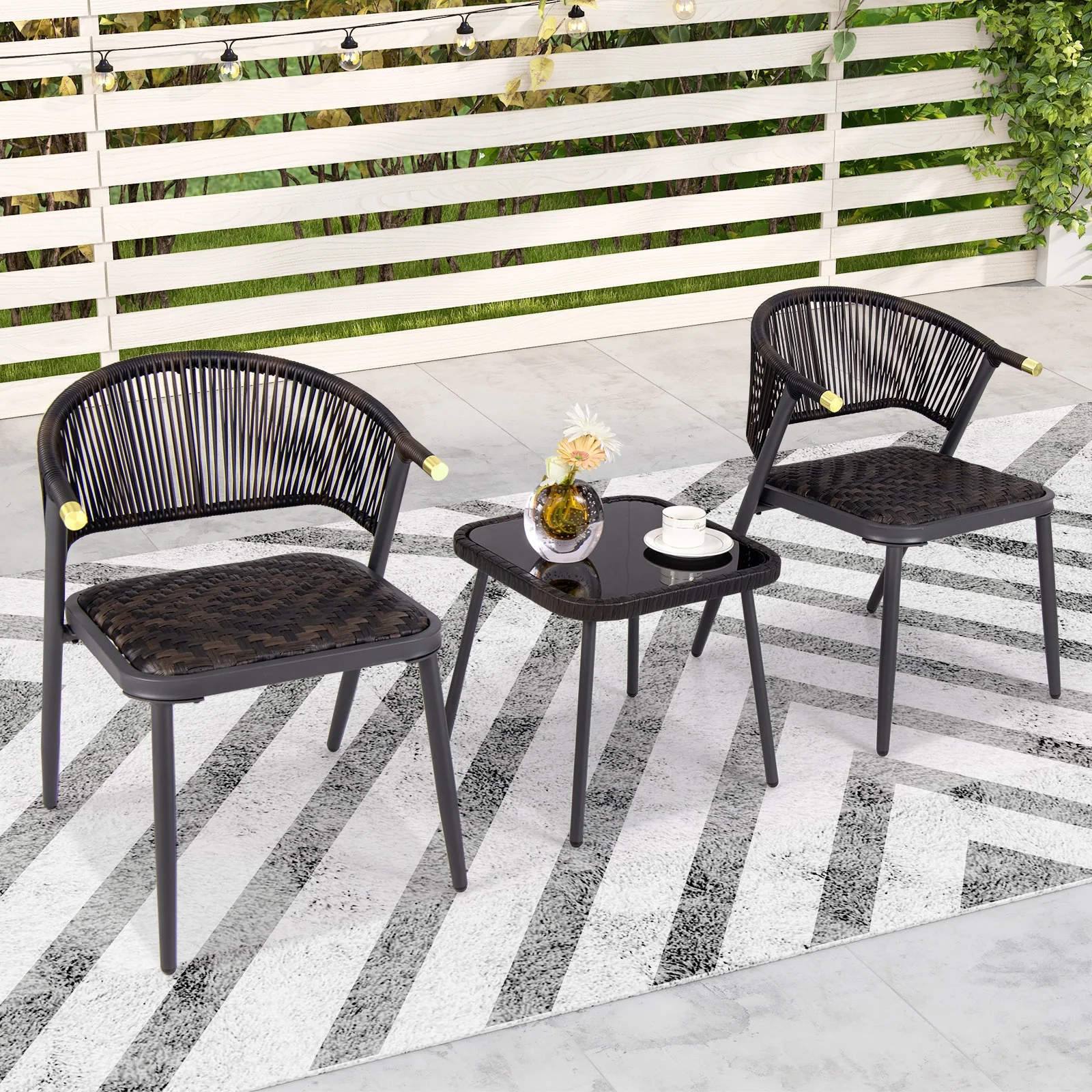 3 Piece Patio Rattan Furniture Set, Brown and Black - Image 7