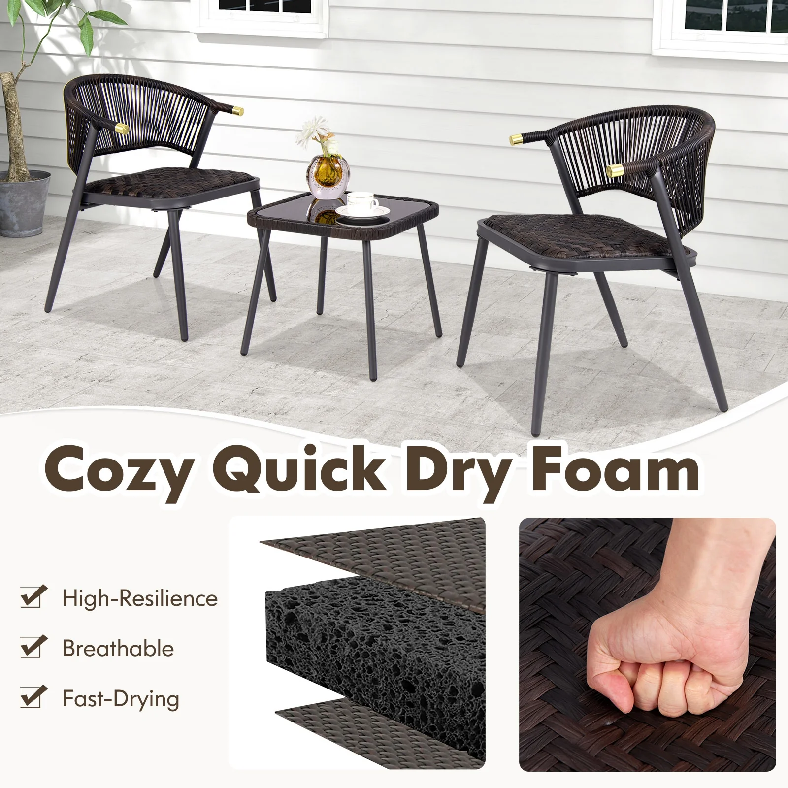 3 Piece Patio Rattan Furniture Set, Brown and Black - Image 9