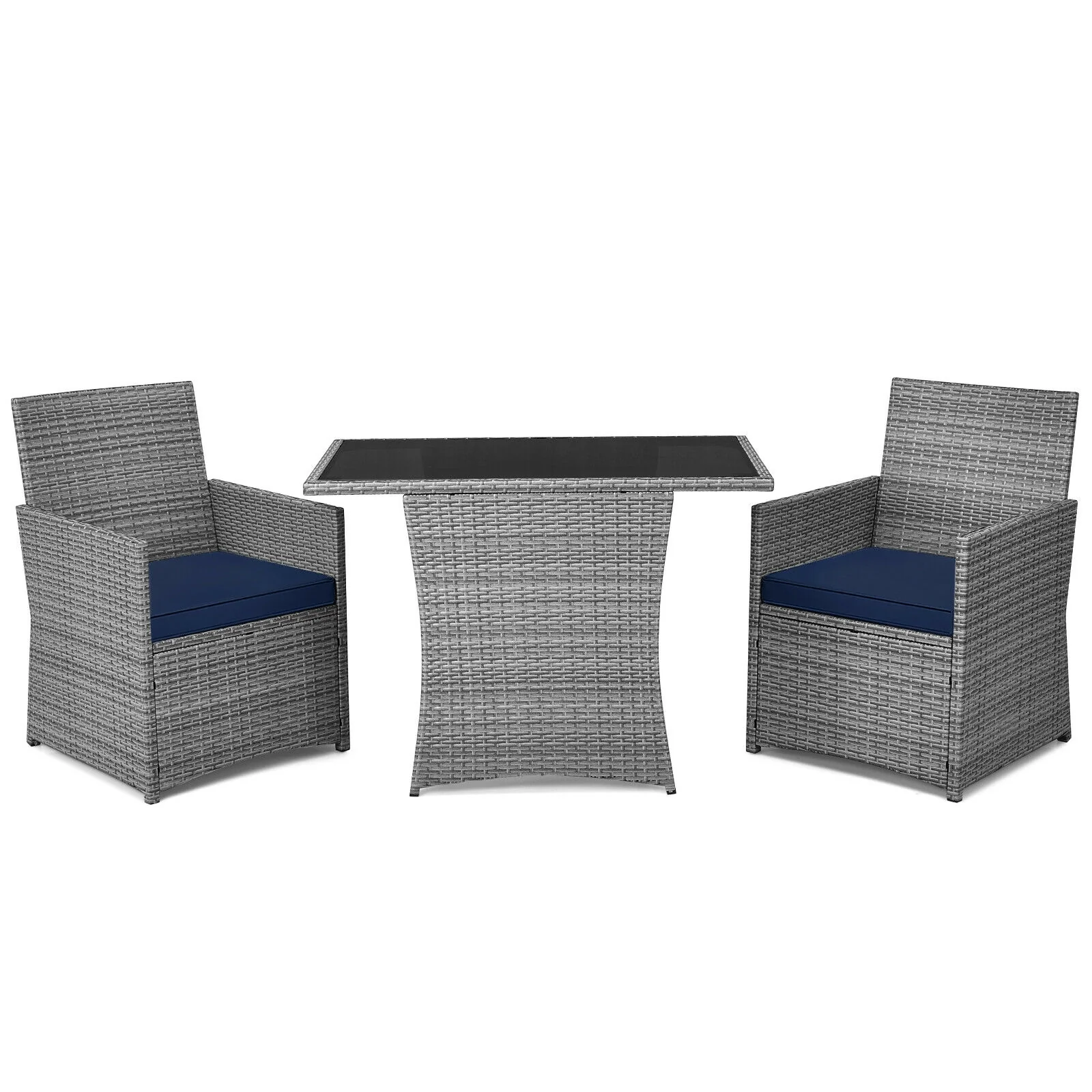 3-Piece Patio Rattan Furniture Set, Cushioned Armrest Sofa, Navy