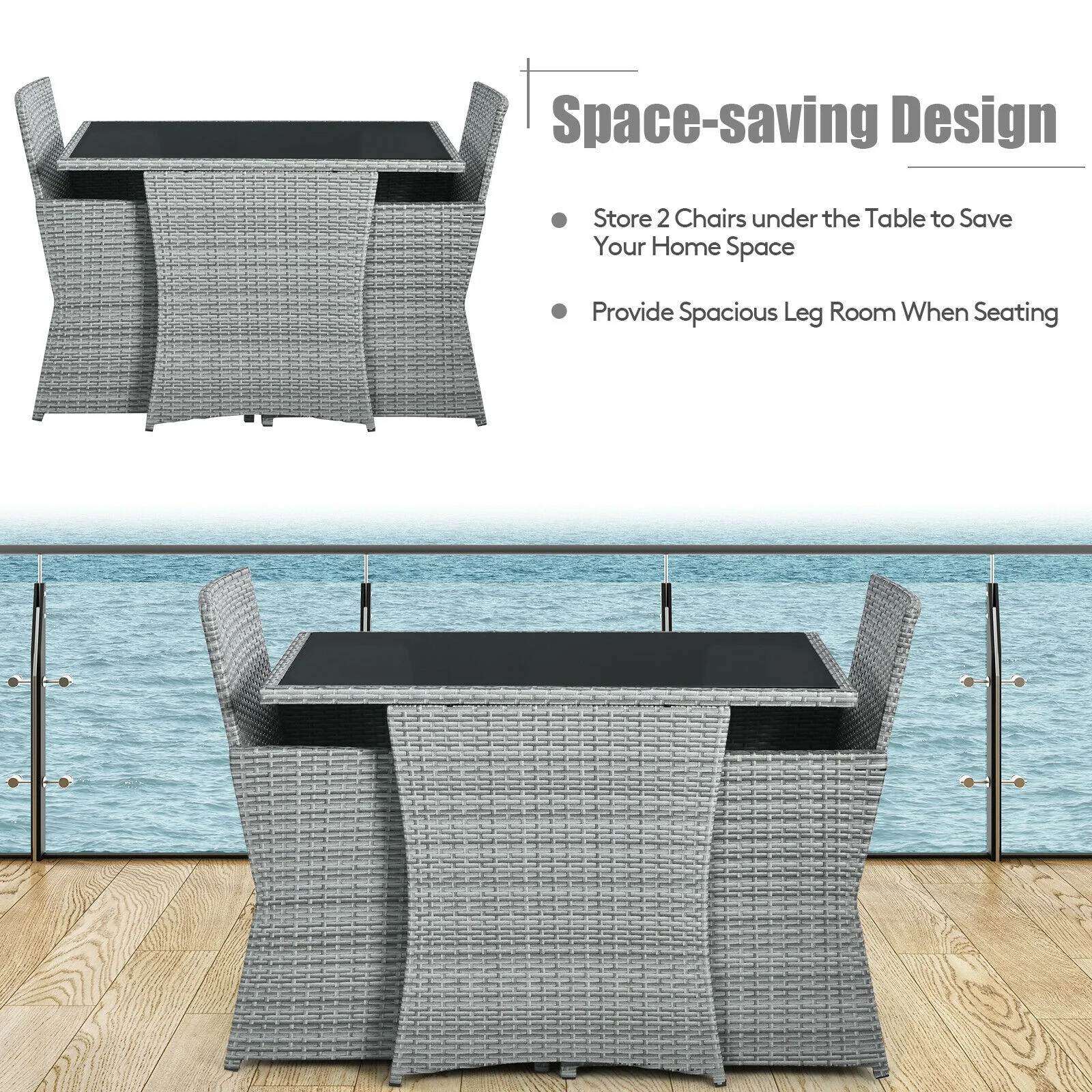 3-Piece Patio Rattan Furniture Set, Cushioned Armrest Sofa, Navy - Image 10
