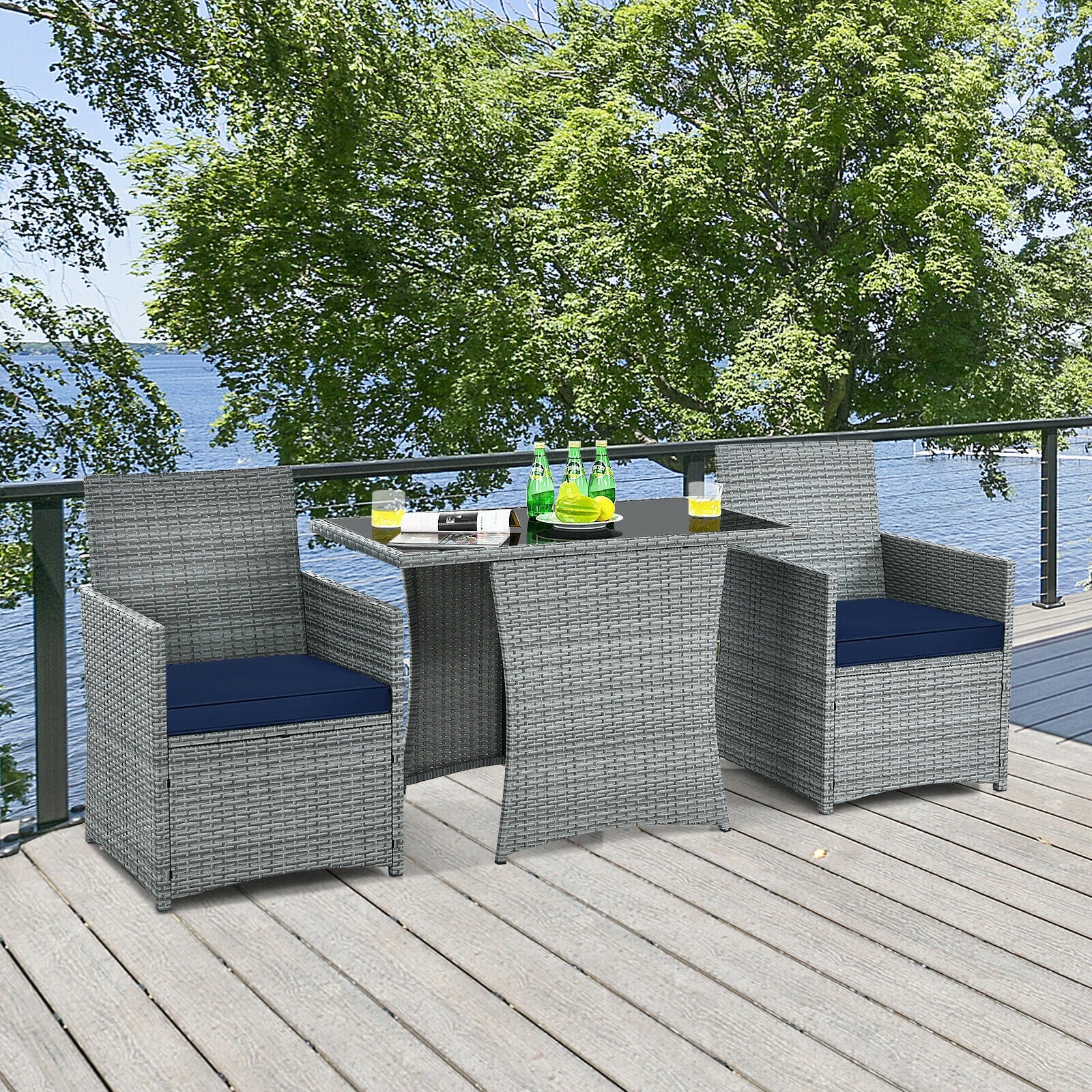 3-Piece Patio Rattan Furniture Set, Cushioned Armrest Sofa, Navy - Image 2
