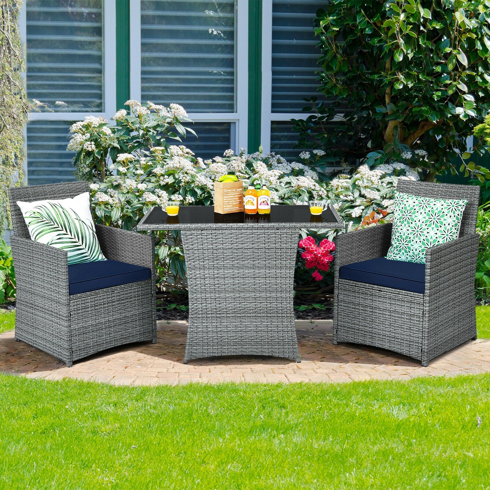 3-Piece Patio Rattan Furniture Set, Cushioned Armrest Sofa, Navy - Image 3