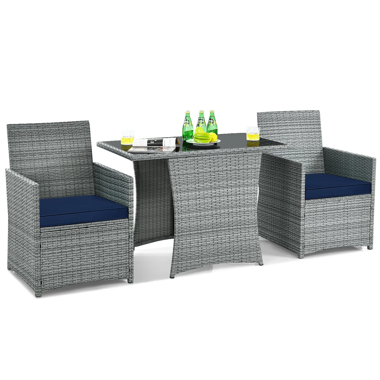 3-Piece Patio Rattan Furniture Set, Cushioned Armrest Sofa, Navy - Image 5