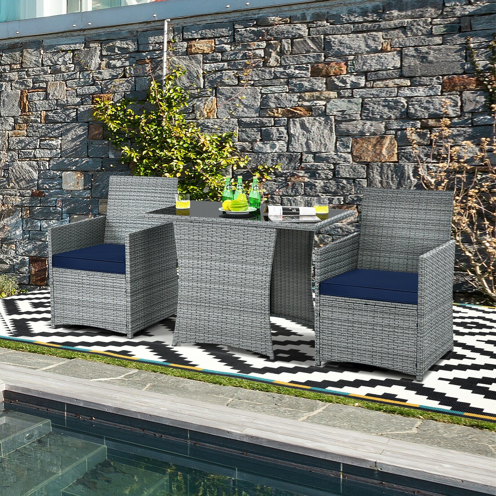 3-Piece Patio Rattan Furniture Set, Cushioned Armrest Sofa, Navy - Image 7