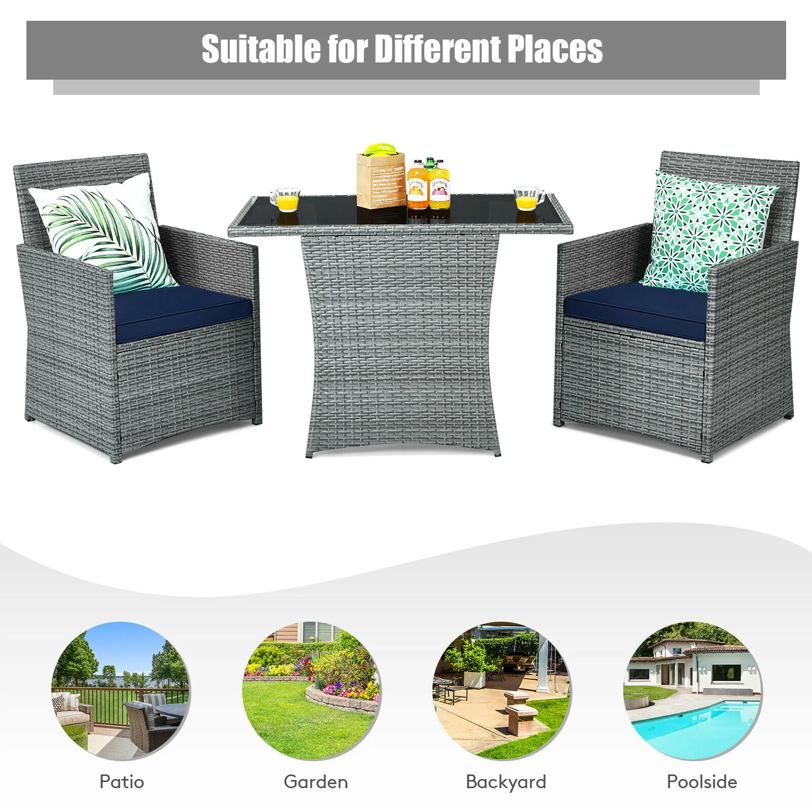 3-Piece Patio Rattan Furniture Set, Cushioned Armrest Sofa, Navy - Image 9