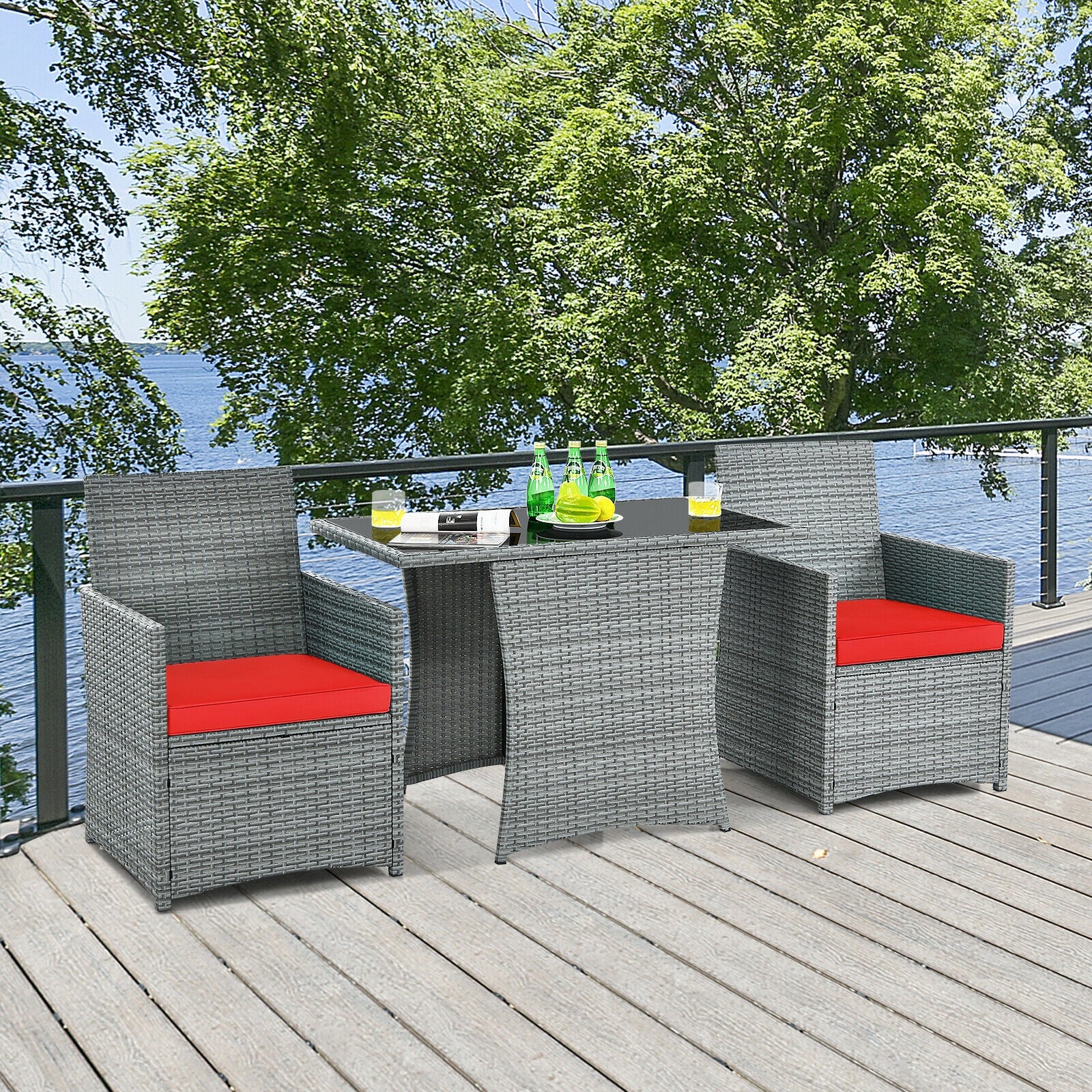 3 Piece Patio Rattan Furniture Set, Cushioned Armrest Sofa, Red - Image 2