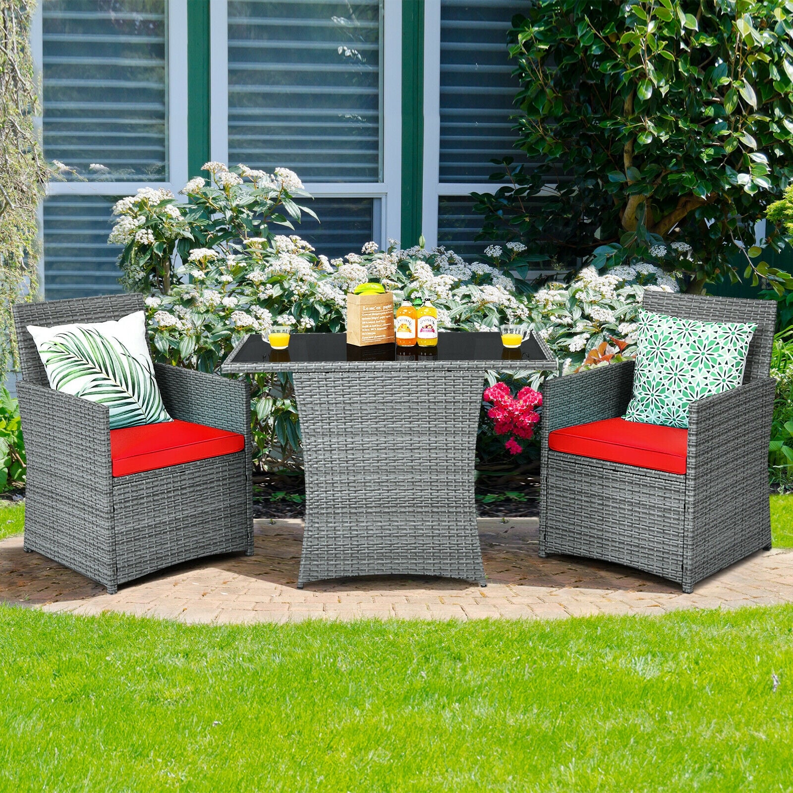 3 Piece Patio Rattan Furniture Set, Cushioned Armrest Sofa, Red - Image 3