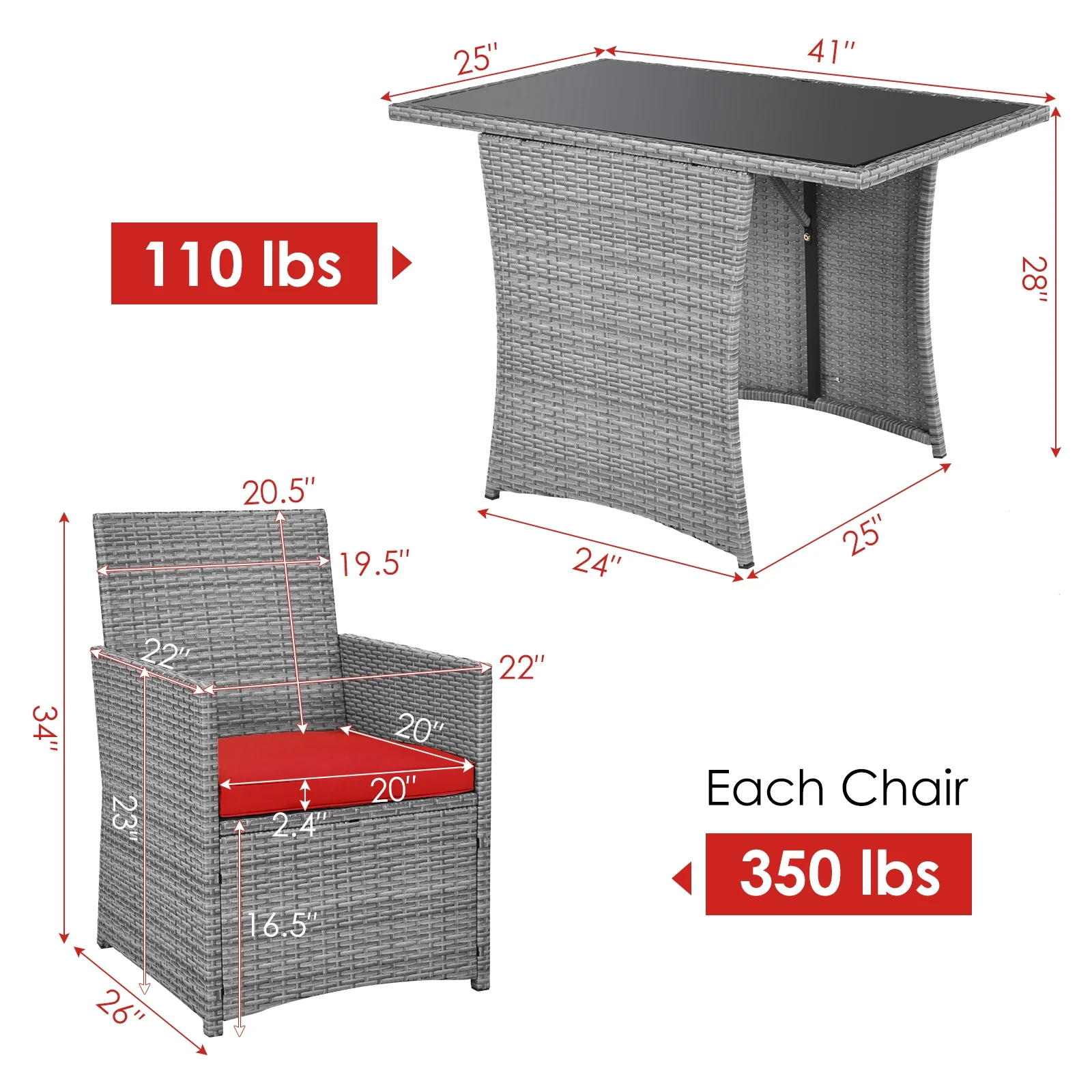 3 Piece Patio Rattan Furniture Set, Cushioned Armrest Sofa, Red - Image 5