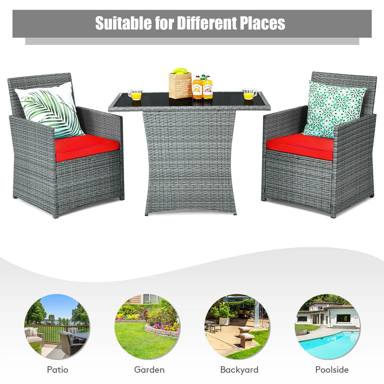 3 Piece Patio Rattan Furniture Set, Cushioned Armrest Sofa, Red - Image 6