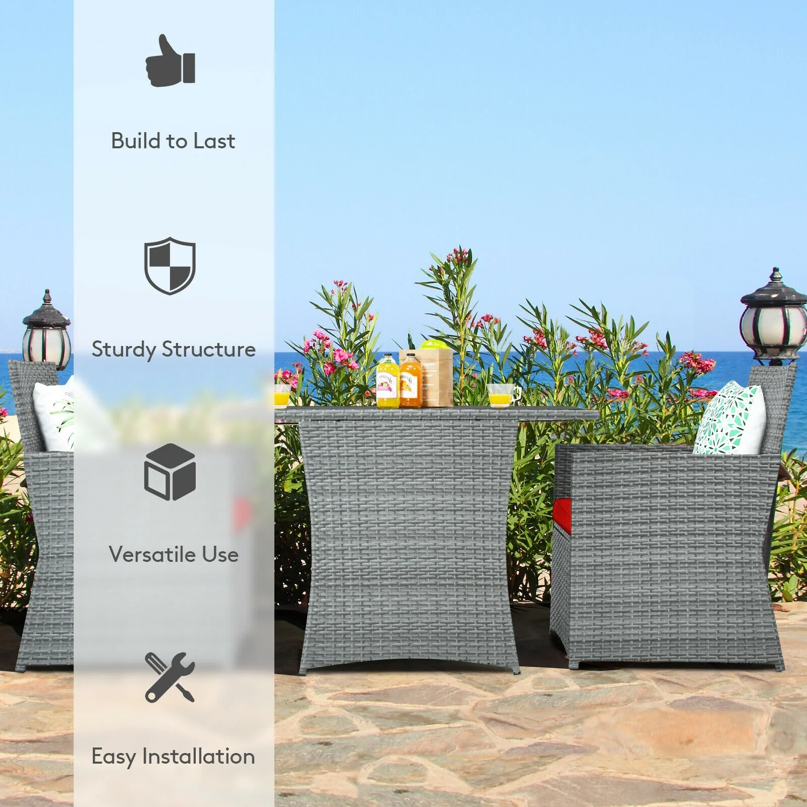 3 Piece Patio Rattan Furniture Set, Cushioned Armrest Sofa, Red - Image 7