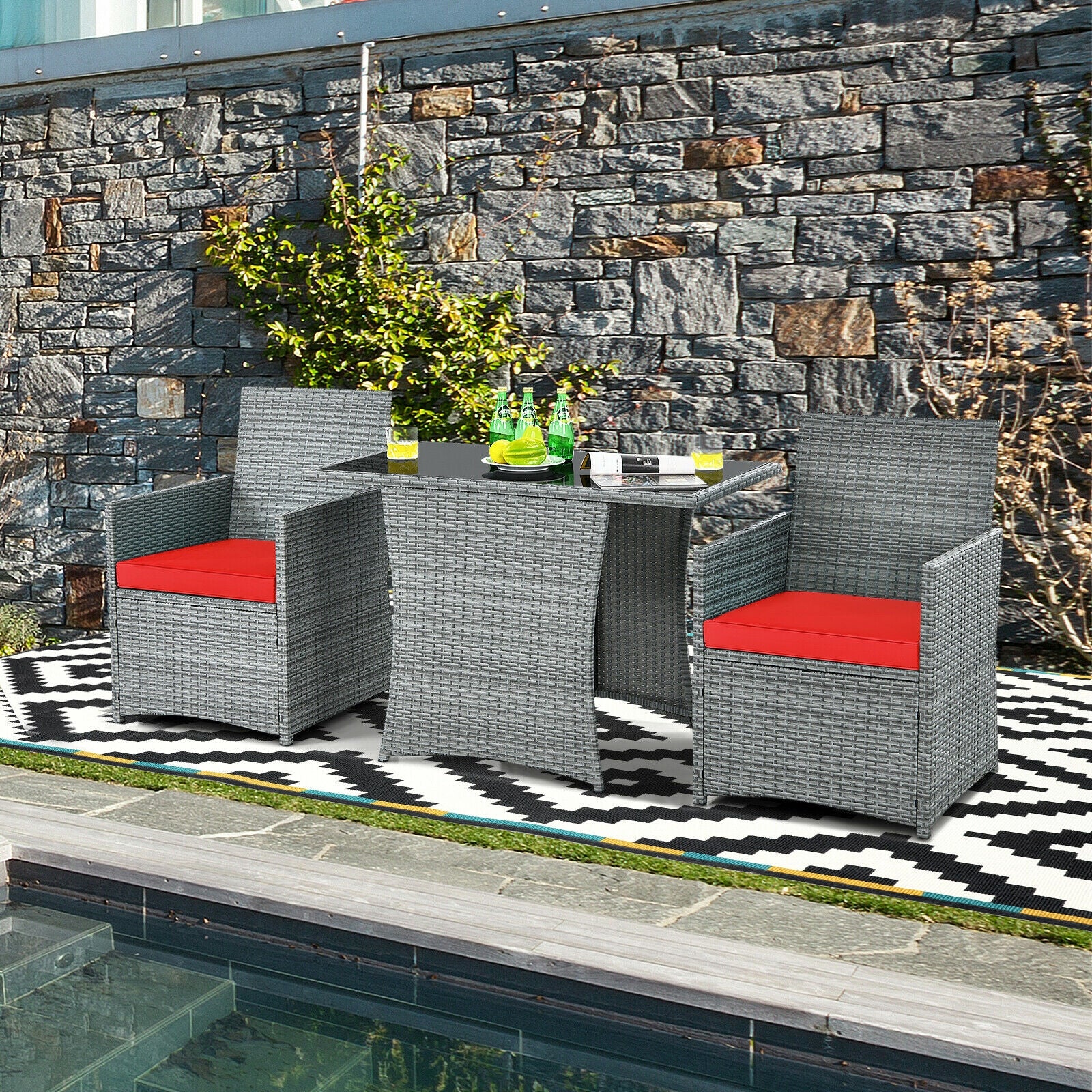 3 Piece Patio Rattan Furniture Set, Cushioned Armrest Sofa, Red - Image 8