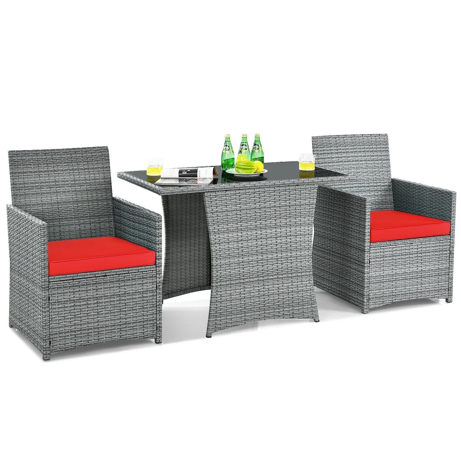 3 Piece Patio Rattan Furniture Set, Cushioned Armrest Sofa, Red - Image 9