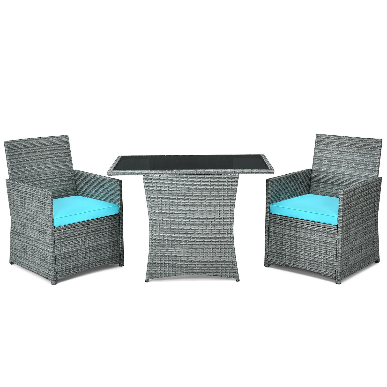 3 Piece Patio Rattan Furniture Set, Cushioned Armrest Sofa, Turquoise