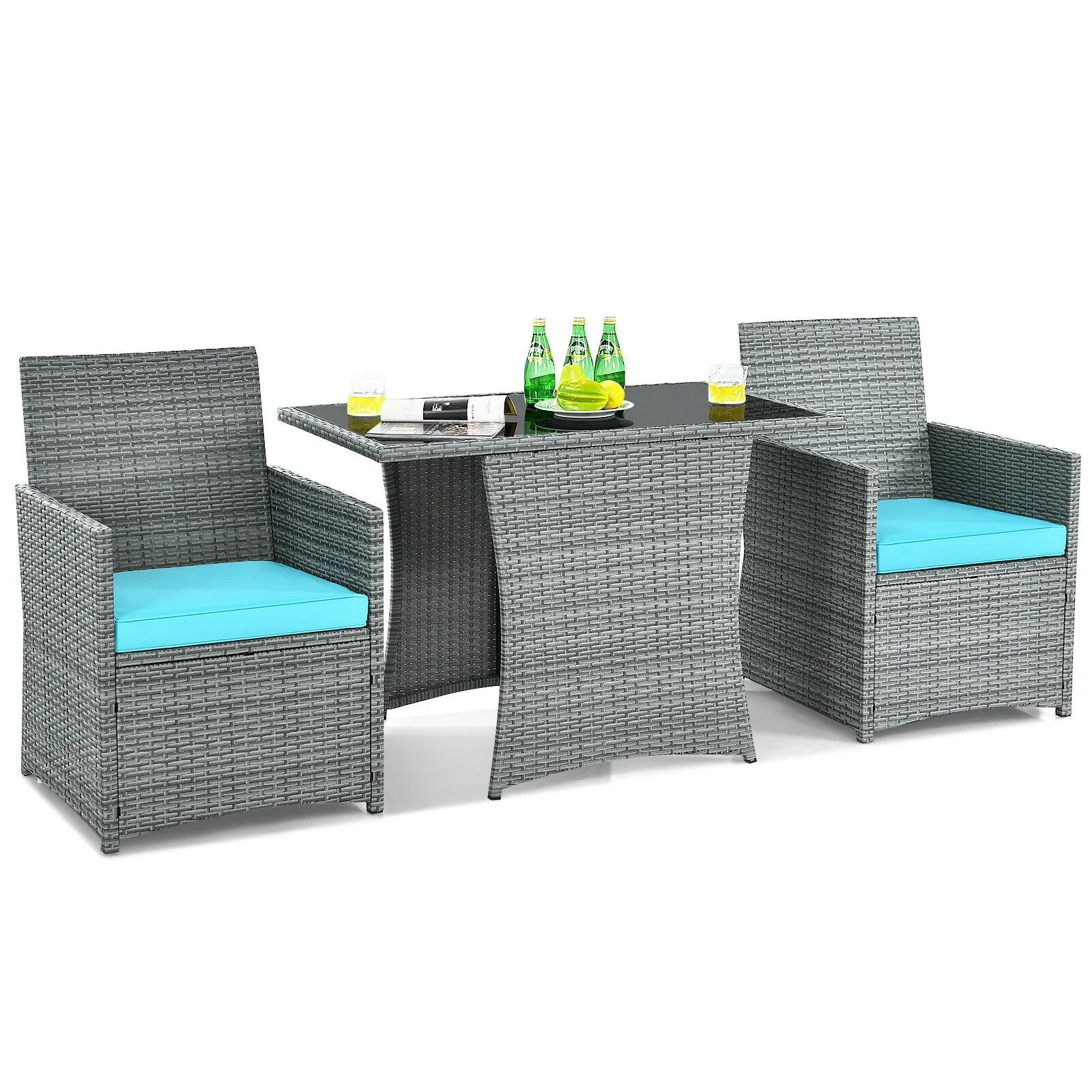 3 Piece Patio Rattan Furniture Set, Cushioned Armrest Sofa, Turquoise - Image 5