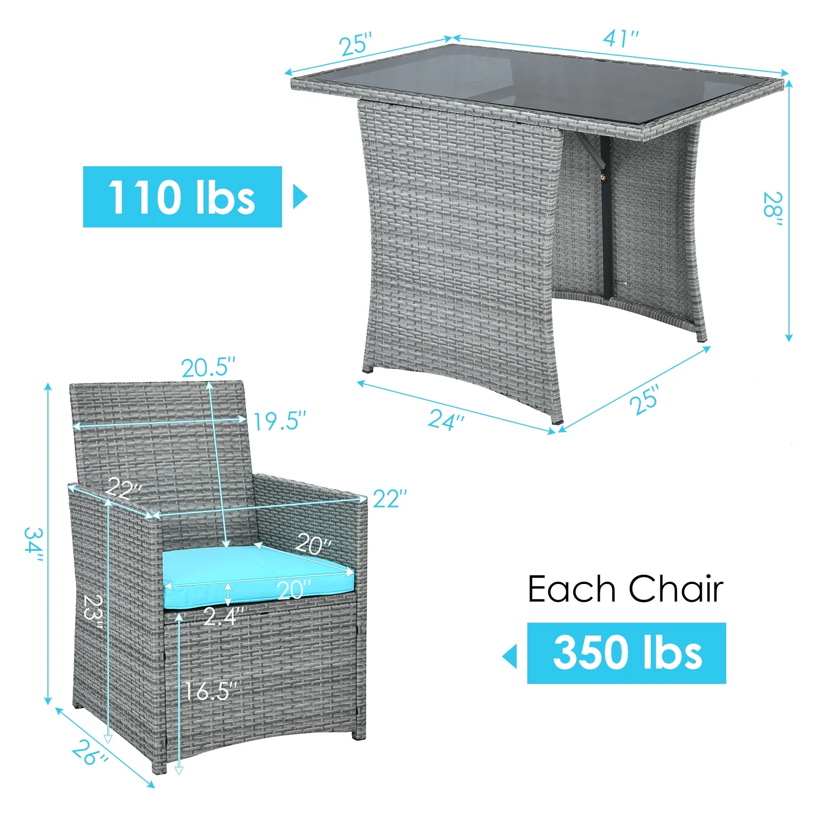3 Piece Patio Rattan Furniture Set, Cushioned Armrest Sofa, Turquoise - Image 6