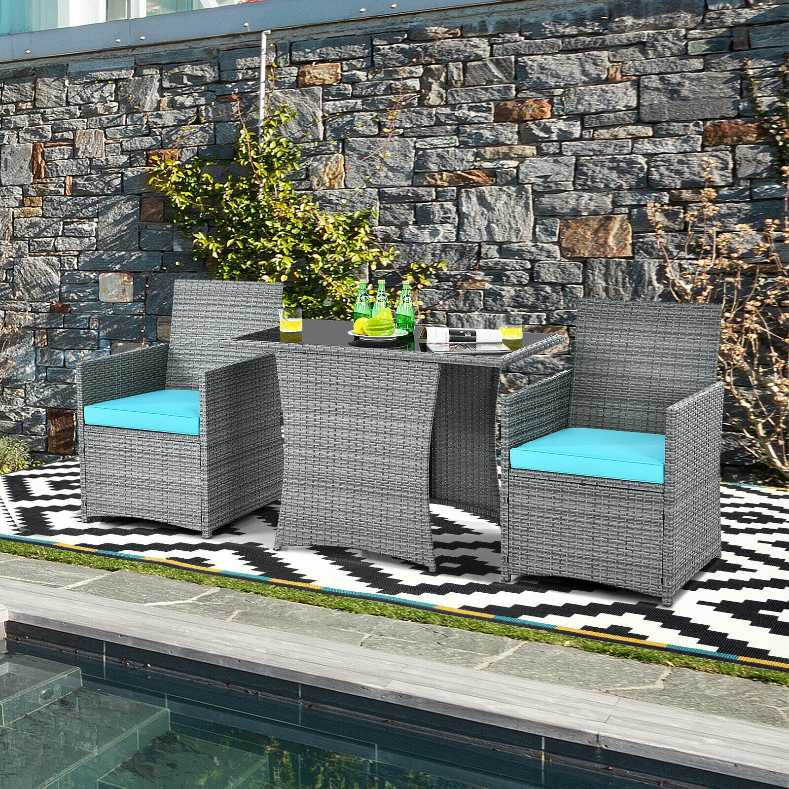 3 Piece Patio Rattan Furniture Set, Cushioned Armrest Sofa, Turquoise - Image 7