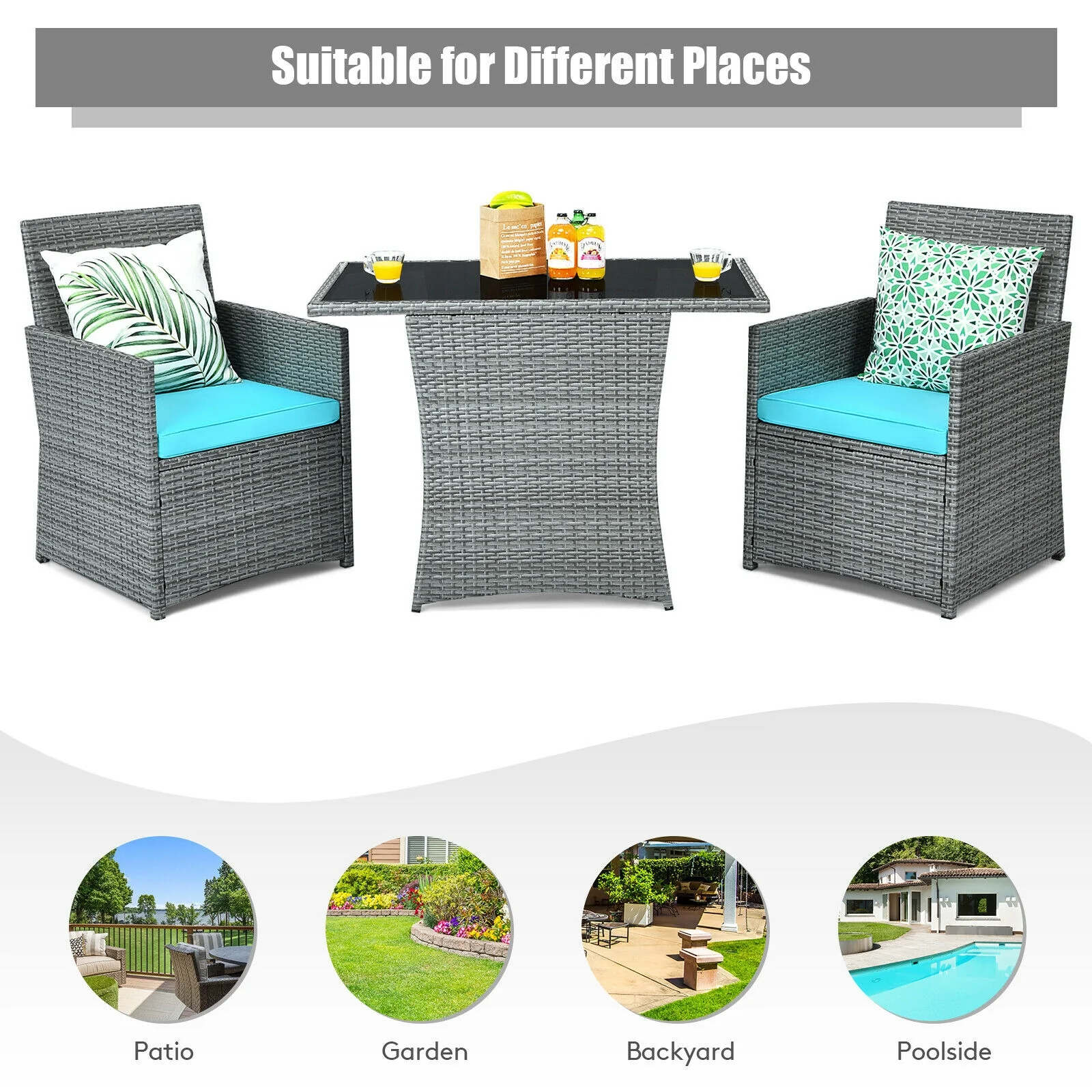 3 Piece Patio Rattan Furniture Set, Cushioned Armrest Sofa, Turquoise - Image 9