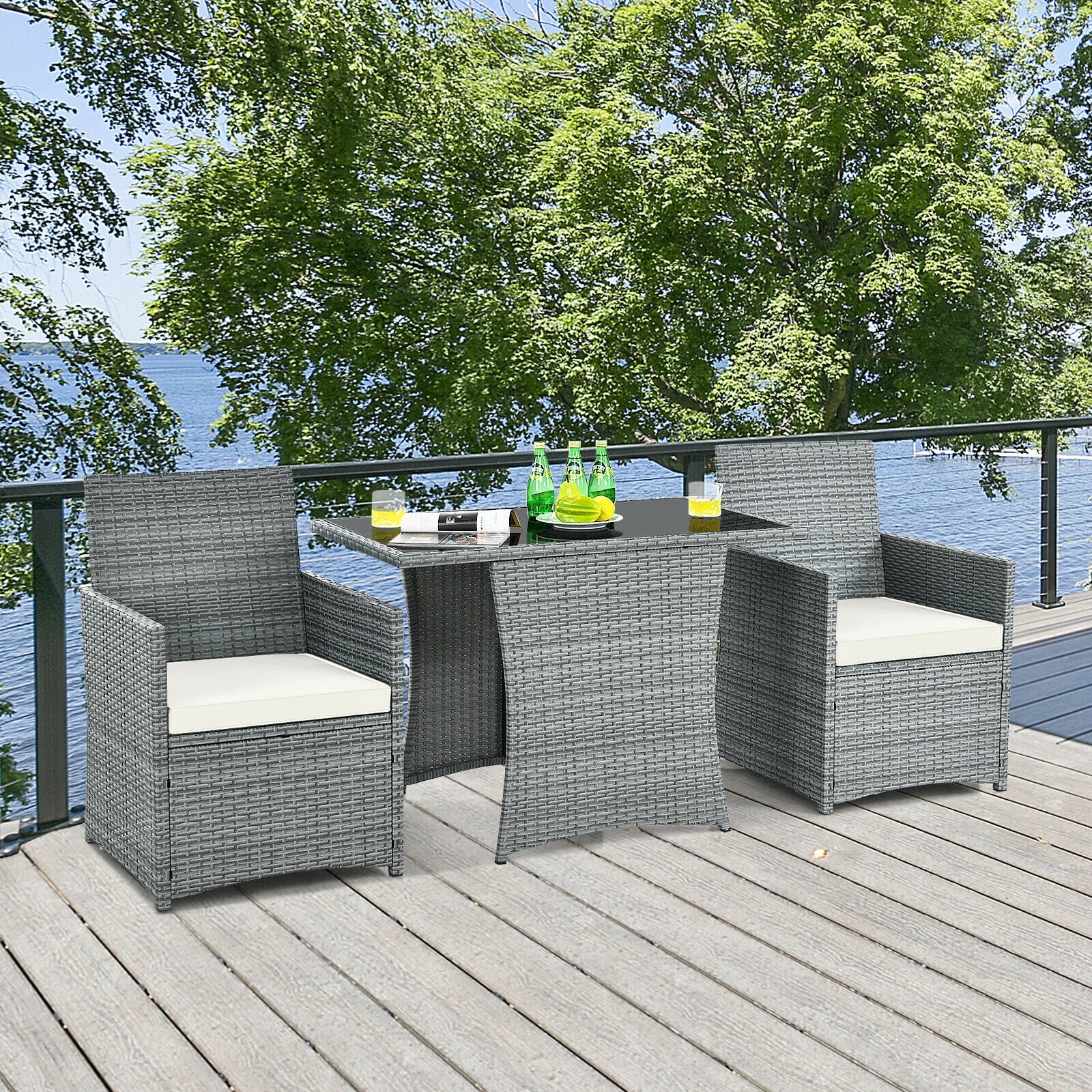3 Piece Patio Rattan Furniture Set, Cushioned Armrest Sofa, White - Image 2
