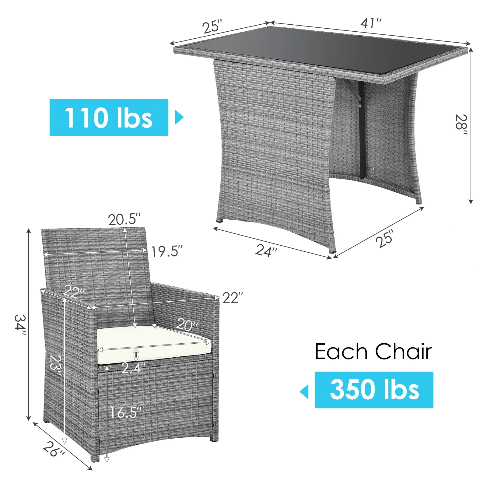 3 Piece Patio Rattan Furniture Set, Cushioned Armrest Sofa, White - Image 5