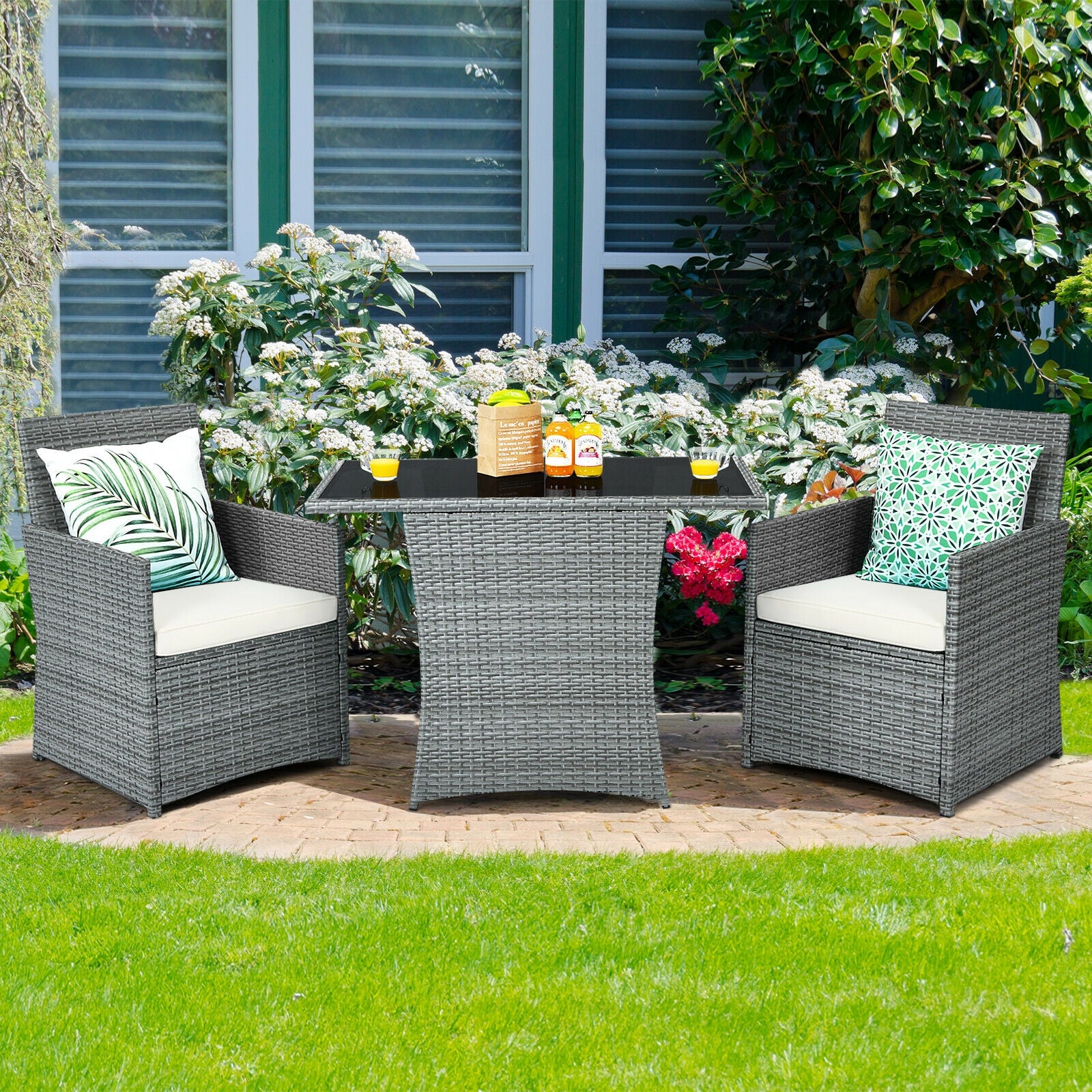 3 Piece Patio Rattan Furniture Set, Cushioned Armrest Sofa, White - Image 6