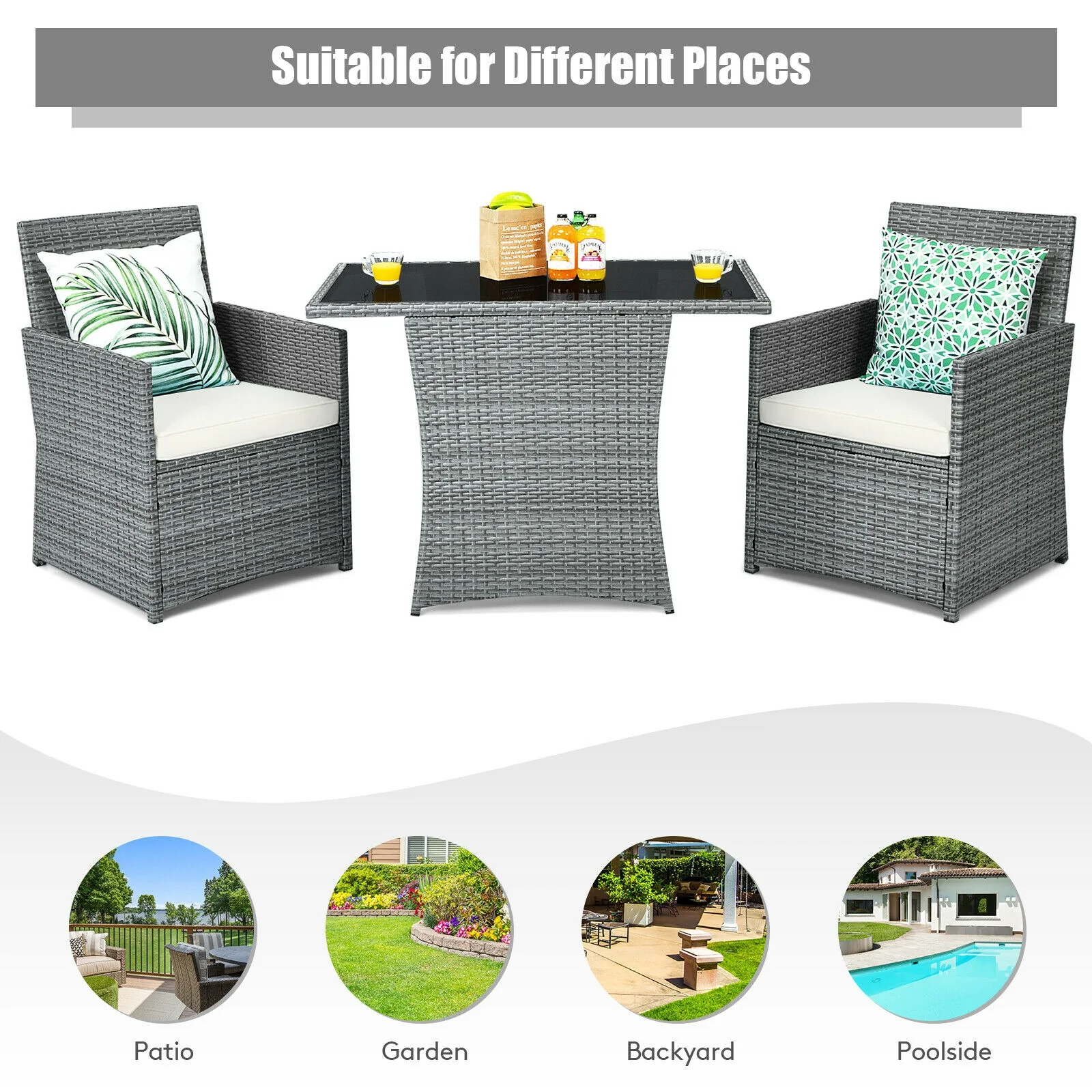 3 Piece Patio Rattan Furniture Set, Cushioned Armrest Sofa, White - Image 7